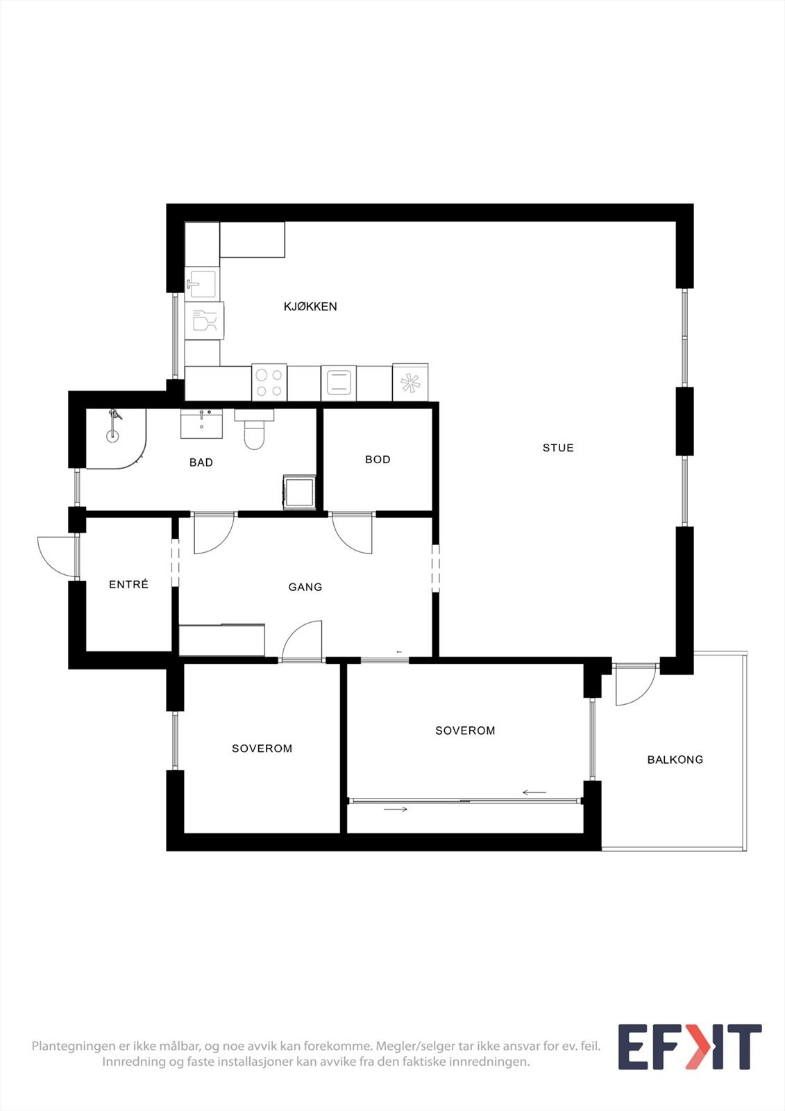 Plantegningen viser en effektiv planløsning med to soverom, bad, bod og en åpen stue- og kjøkkenløsning. Galleribilde