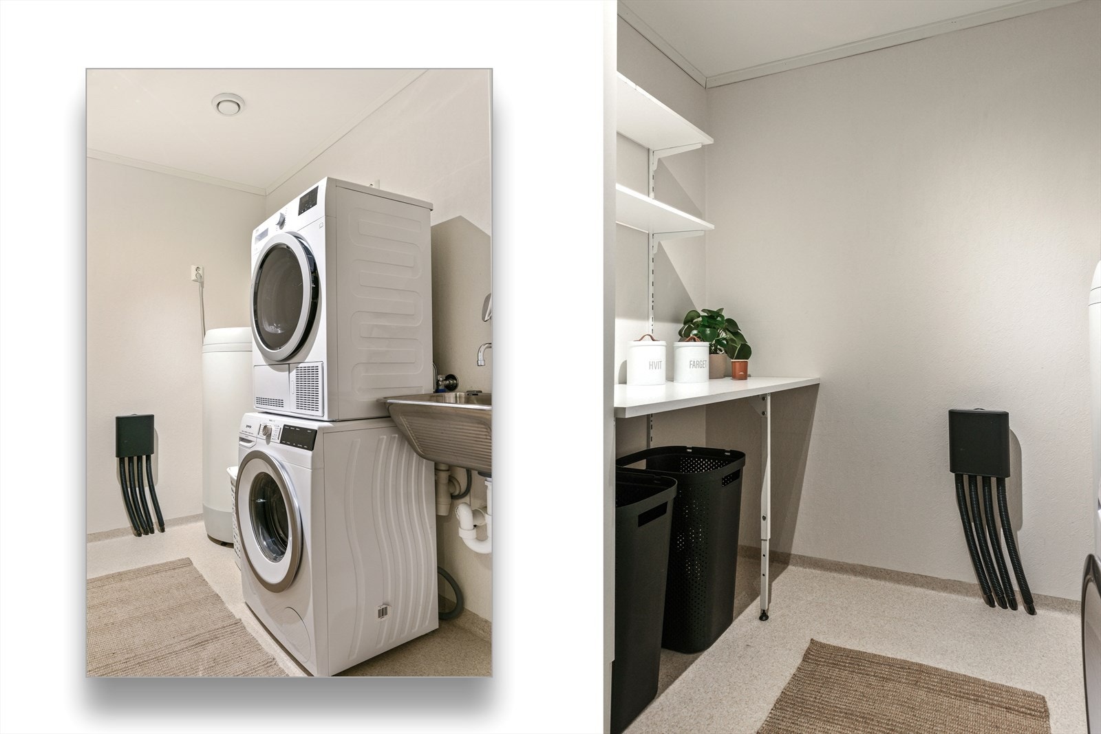 Vaskerommet har belegg på gulv, veggmontert utslagskum og røropplegg for vaskemaskin. Hyller gir ekstra lagringsmuligheter og rommet er tilknyttet balansert ventilasjon. Galleribilde