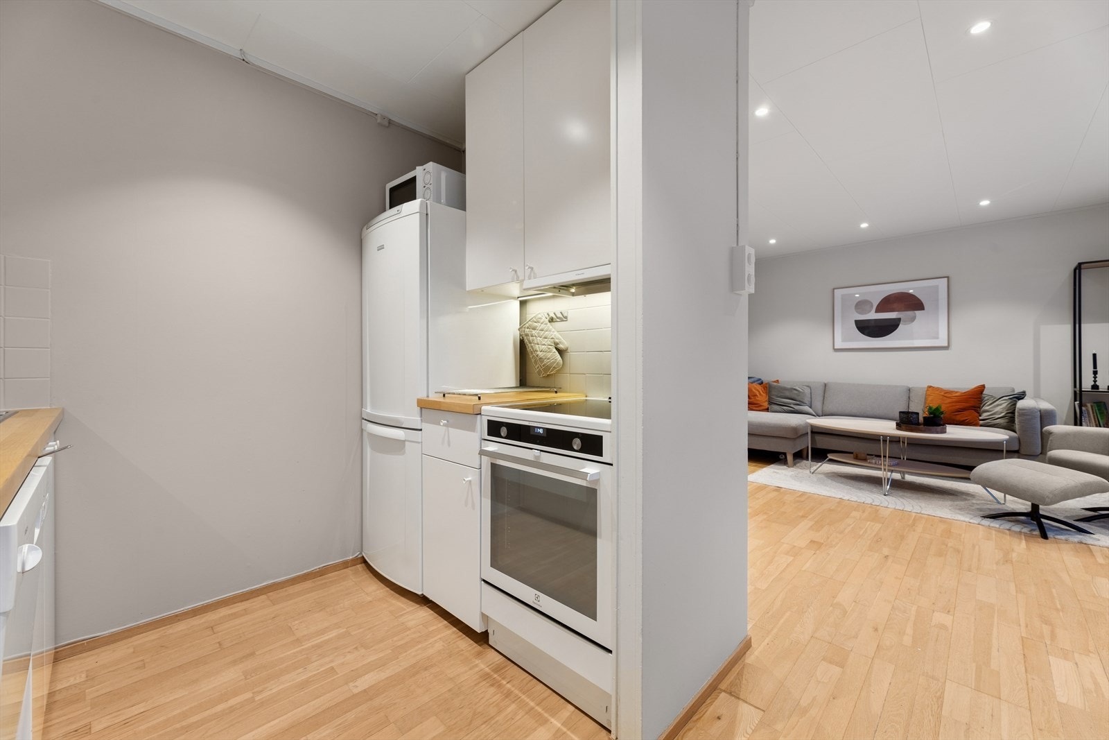 Kjøkkenet har plass til frittstående hvitevarer. Galleribilde