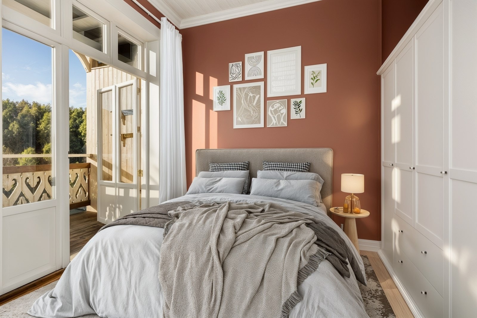 Leiligheten har to lyse og gode soverom. (Digital møblering, kun en illustrasjon) Galleribilde