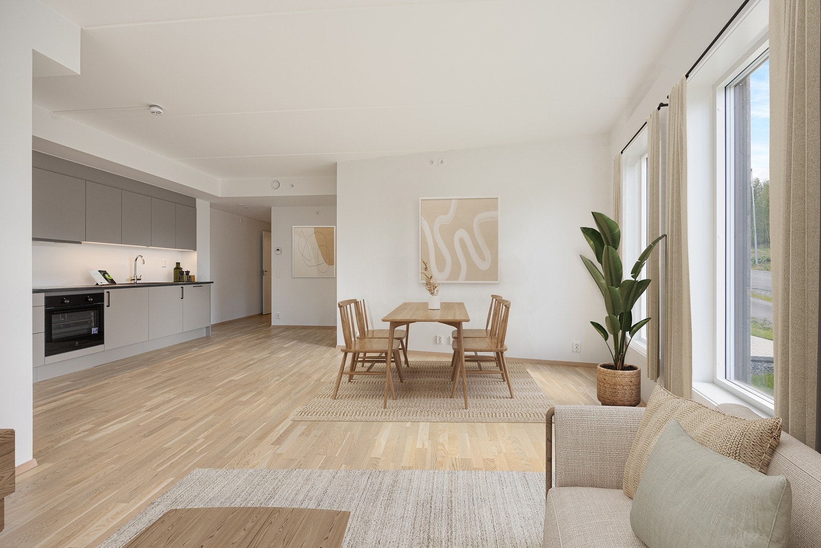 Det er god plass til et spisebord med plass til familien. Bildet viser digital styling av rommet. Galleribilde