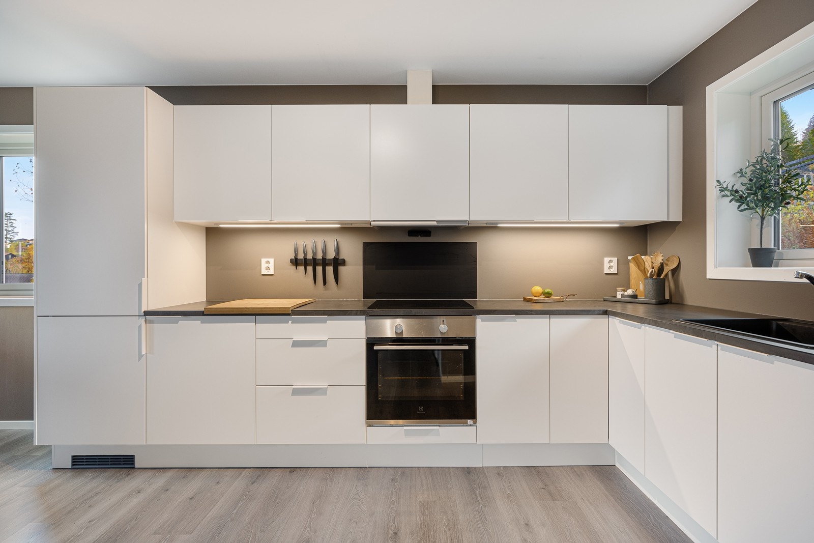 Lyslister er montert over benken, og over kokesonen har kjøkkenet en sort plate og en ventilator med avtrekk ut. Galleribilde