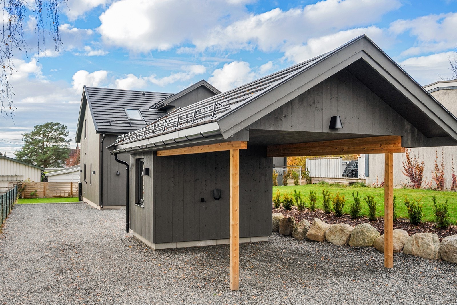 Parkering gjøres på egen gårdsplass eller i carport. Det er montert elbillader. Galleribilde