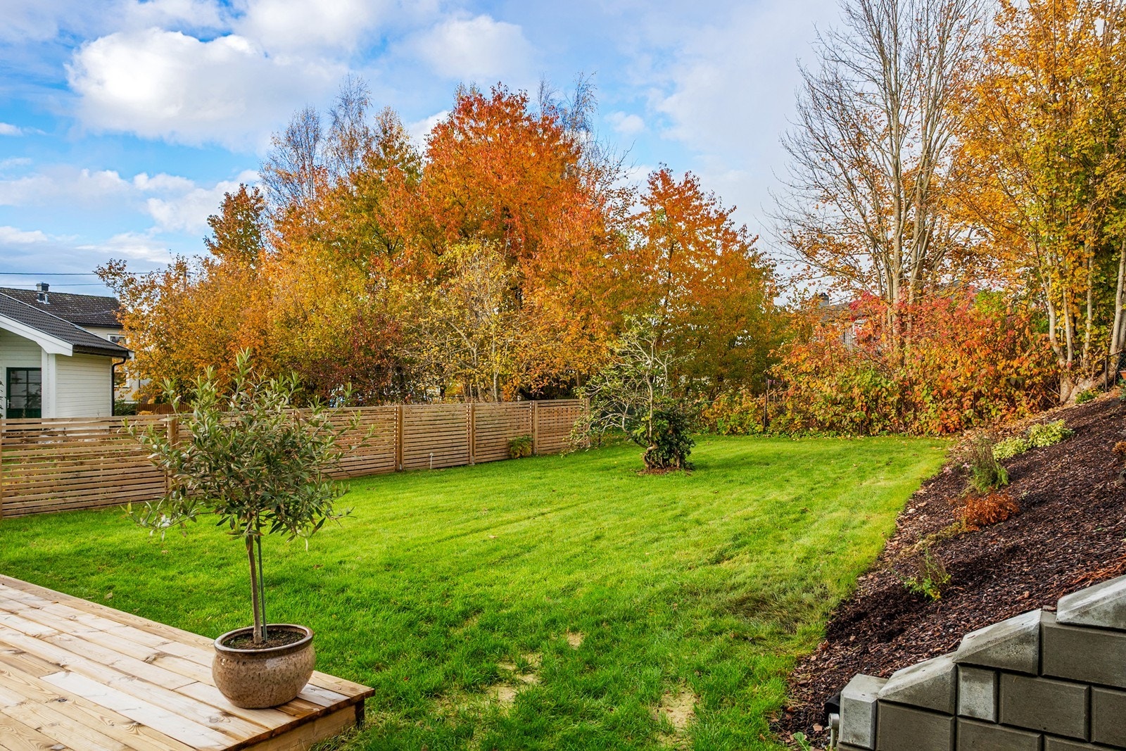 Hagen byr på gode solforhold gjennom dagen, perfekt for avslapning eller lek i grønne omgivelser. Galleribilde