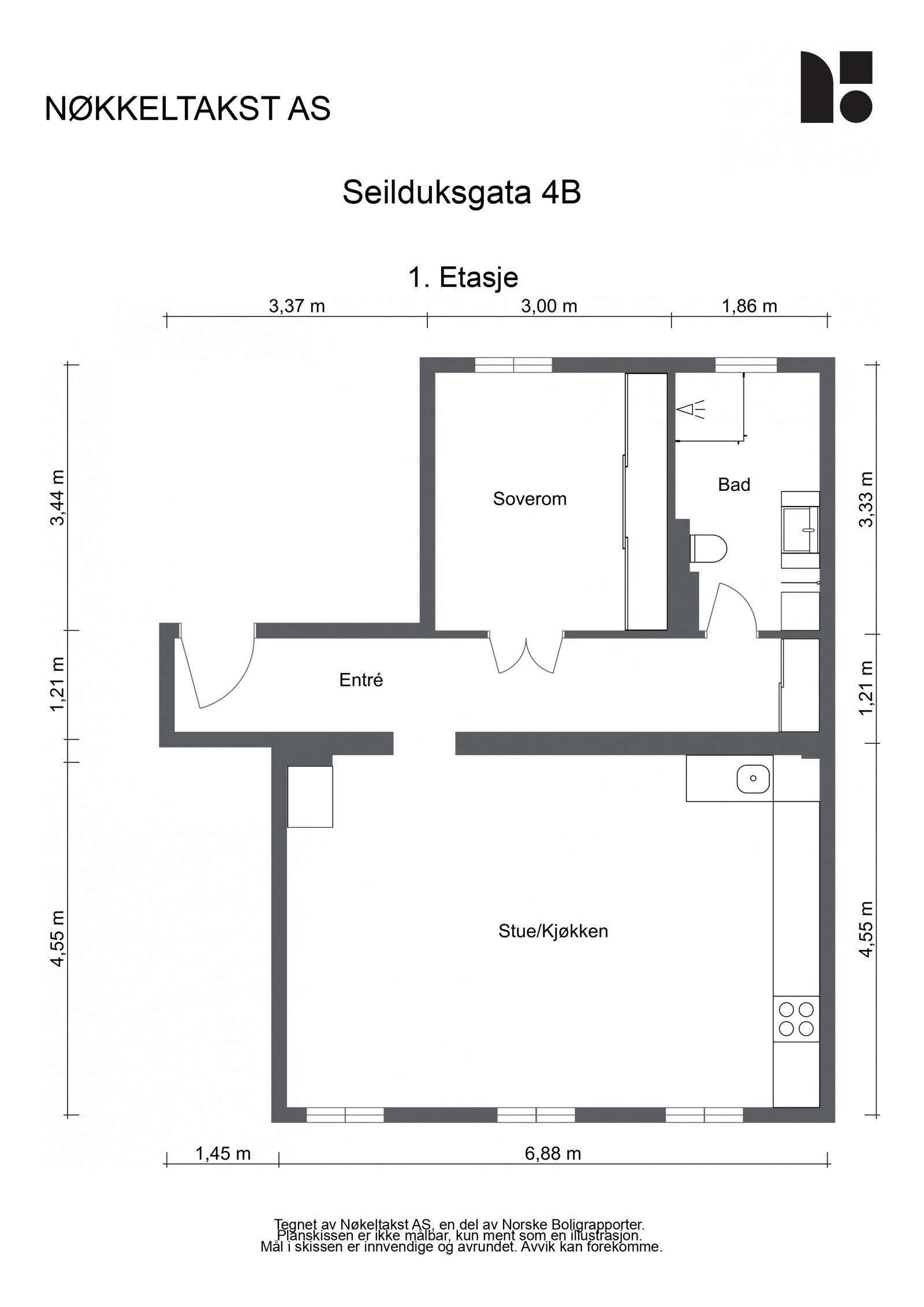 Seilduksgata 4B 1.etg (BRA-i: 63 kvm bestående av entré, romsli og sosial åpen kjøkkken- og stueløsning, soverom vendt mot bakgård og luftig baderom. Lagring i to boder på totalt 11 kvm. Galleribilde