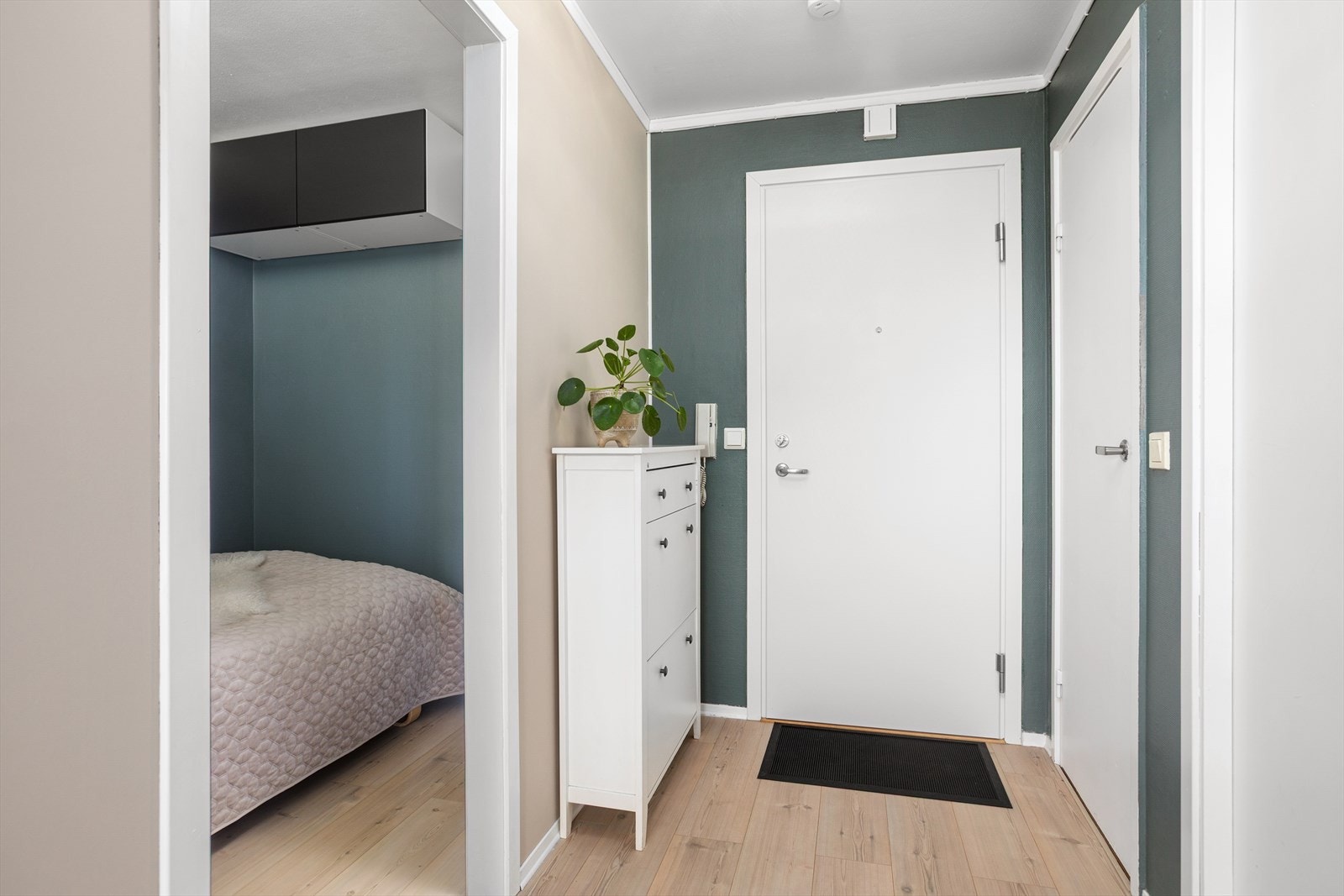 Lys og fin entré hvor man enkelt kan henge fra seg yttertøy og oppbevare sko Galleribilde