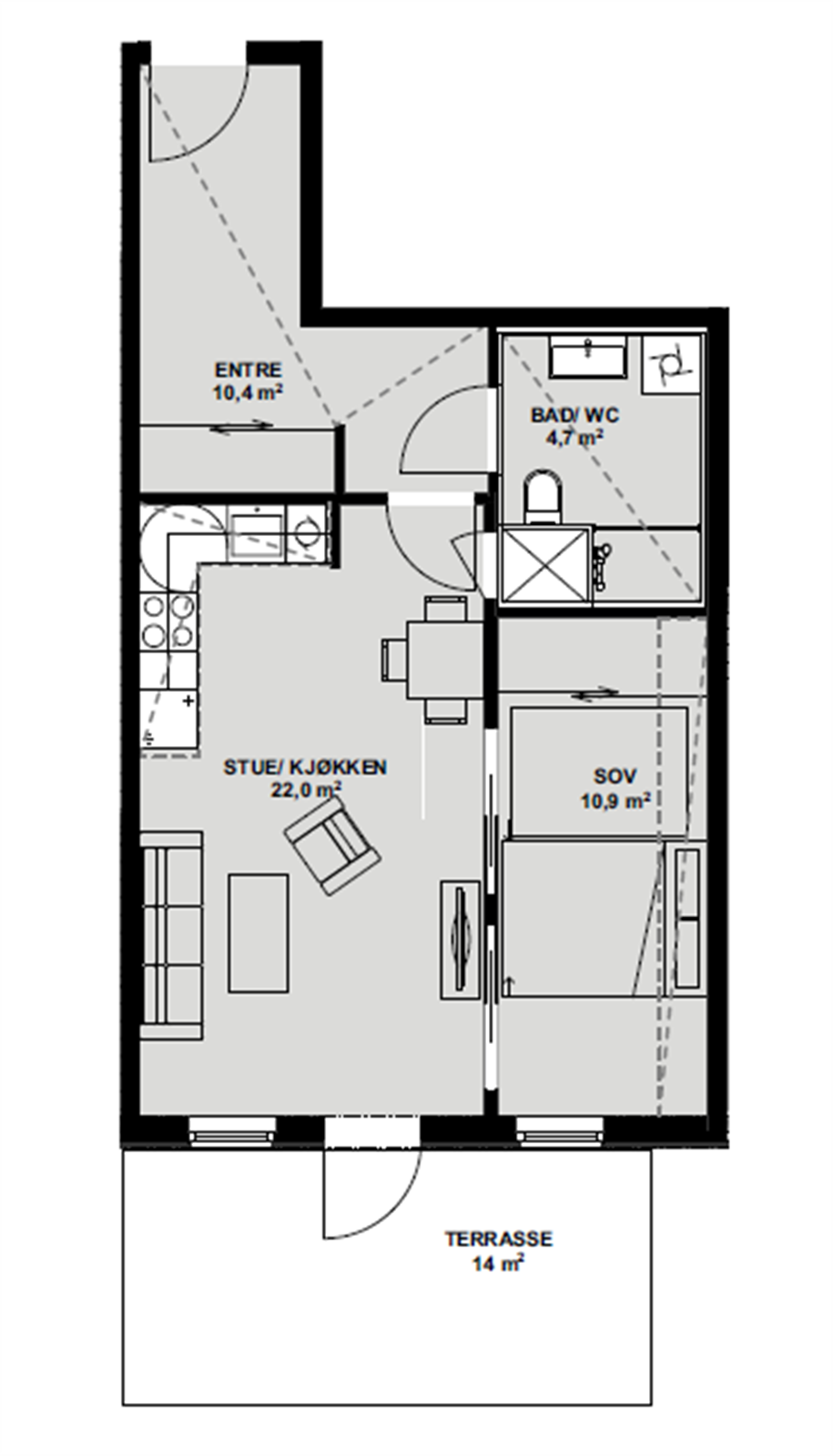 Plantegning for denne moderne 2-roms leiligheten. Galleribilde