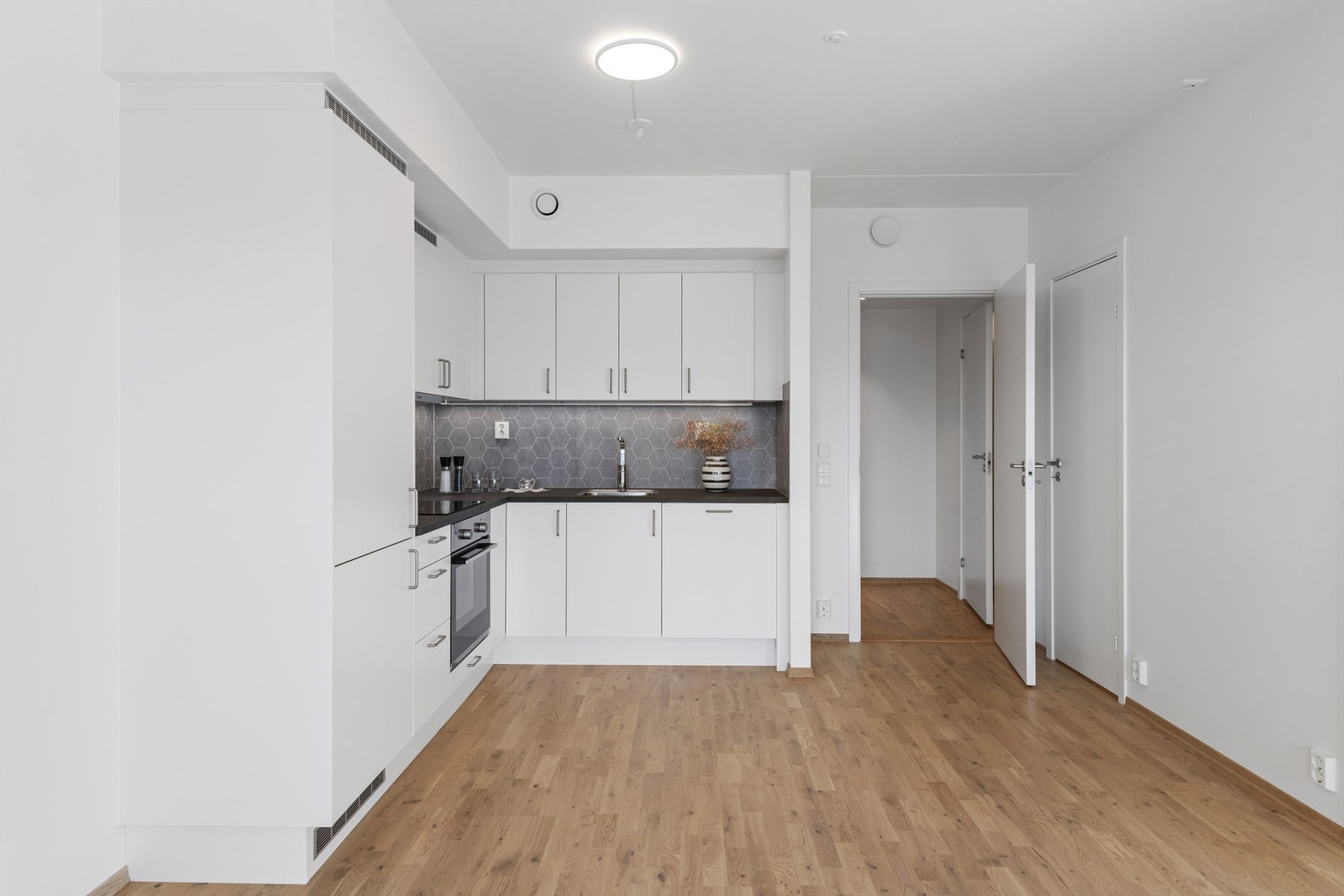 Fra gangen er det inngang til en åpen stue og kjøkkenløsning. Galleribilde