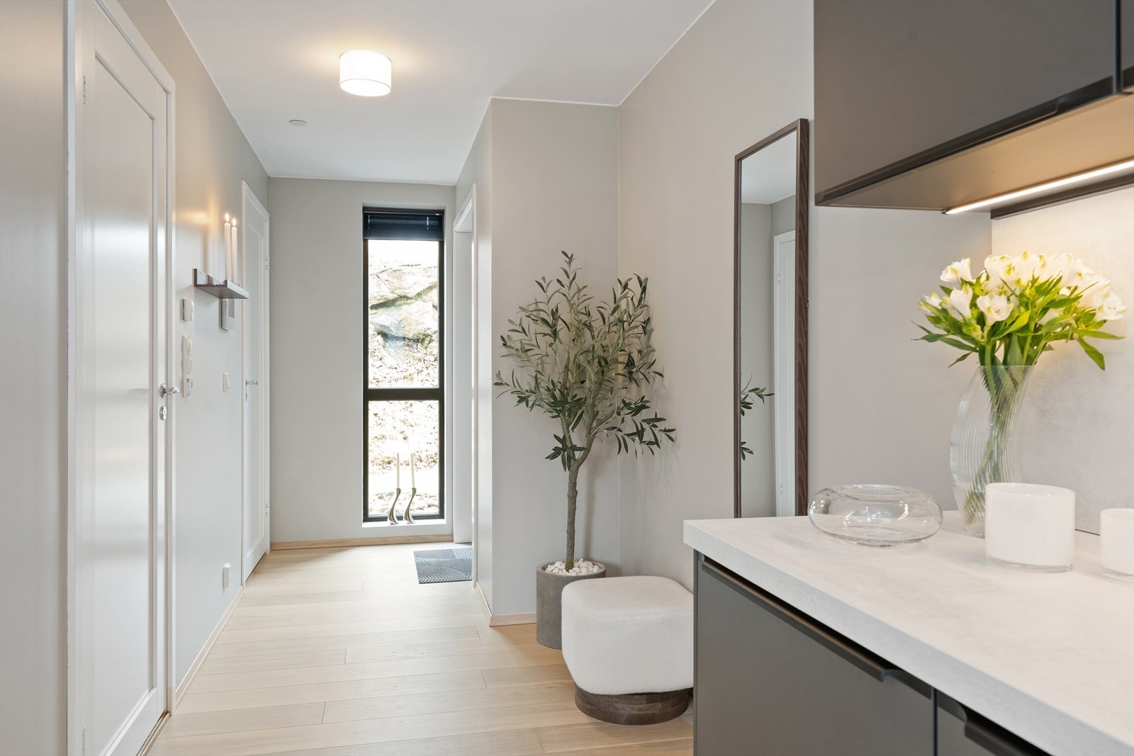 Det er inngang til badvaskerom og bod fra gangen Galleribilde