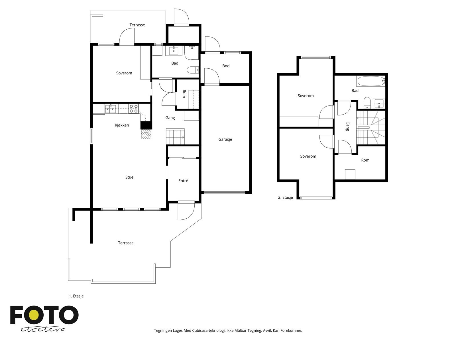 Planløsningen viser en praktisk fordeling med stue/kjøkken i første etasje og soverom i andre etasje. Galleribilde