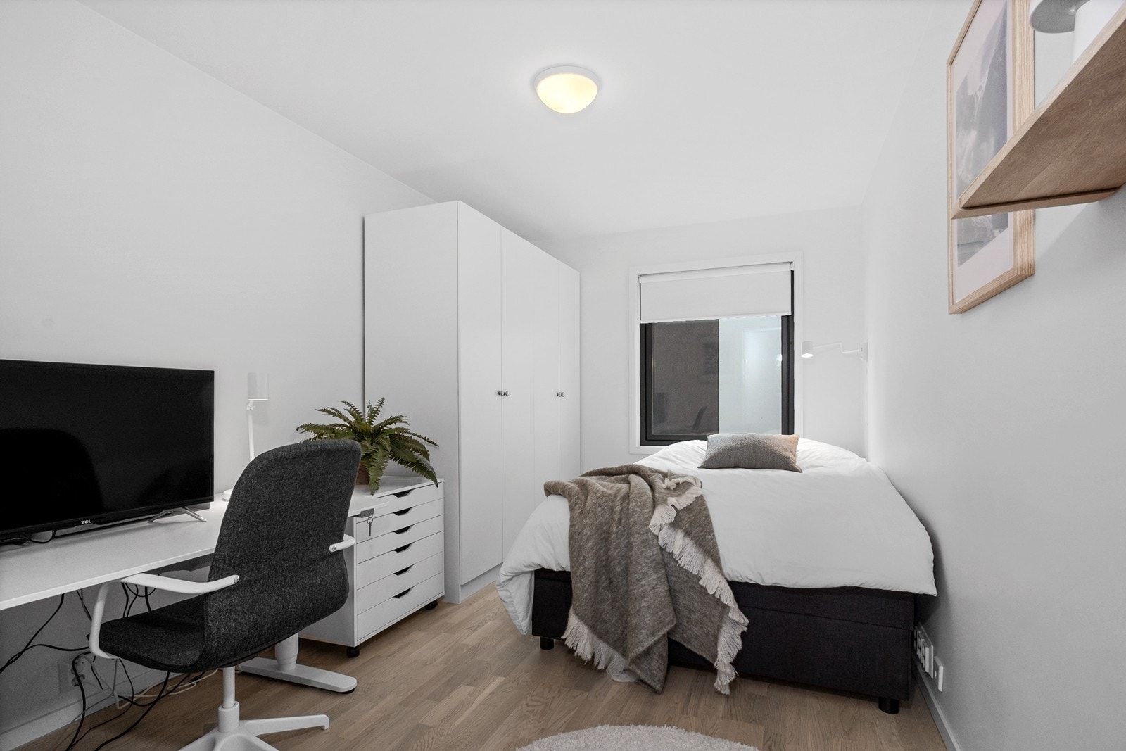 Rommene har eikeparkett på gulv og hvite, slettmalte overflater som et blankt lerret for et par malingsstrøk med favorittfargen. Galleribilde