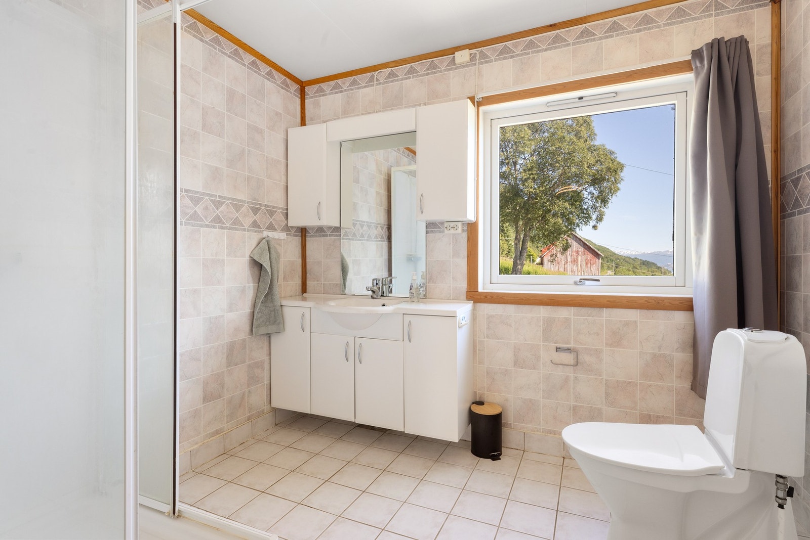 Badet er innredet med dusjkabinett, toalett og servant med skapløsning Galleribilde