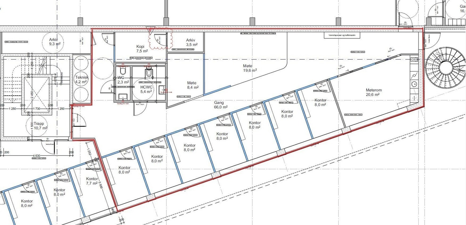 Kontorlokalet er omrisset med rød Galleribilde