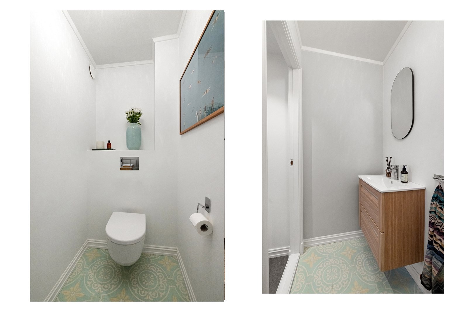 Fra hallen er det tilgang til et praktisk toalettrom. Rommet er pusset opp i nyere tid og har flislagt gulv med varmekabler, samt slette, malte vegger og tak. Det er vegghengt innredning med skuffer, nedfelt servant og ettgreps blandebatteri. Galleribilde