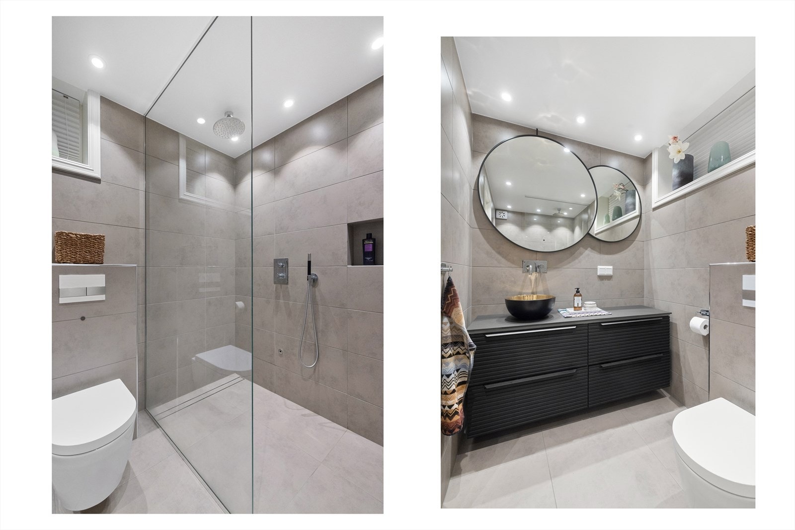 Innredning med skuffer og servant med ettgreps blandebatteri. Baderomsarmatur og dusjarmatur er innfelt i tak og vegger. Vegghengt wc og nisje i veggen for oppbevaring. Dusjsonen har dusjvegger i herdet glass, utstyrt med regnfallsdusj og håndholdt spyler Galleribilde