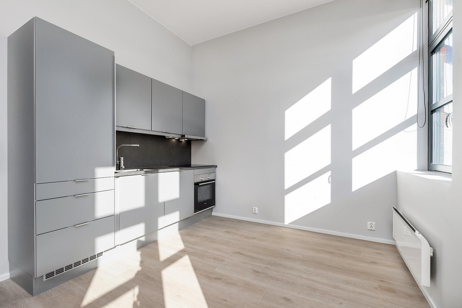 Intigrert kjøleskap med lite fryser, komfyr og oppvaskmaskin. Galleribilde