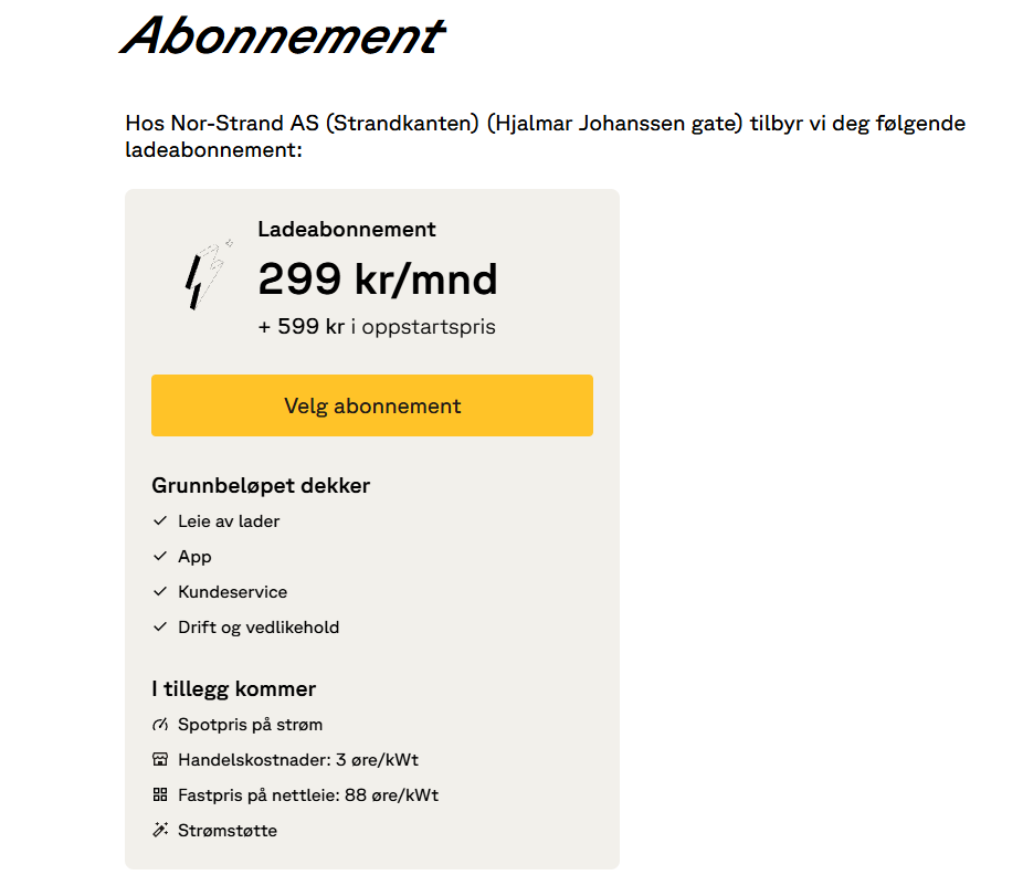 Dersom leietager trenger elbilladeuttak, kan man tilsynelatende bestille dette på https://portal.aneomobility.com/nb/checkout/housing-company. Dette er prisen man får opp ved å søke i portalen på Nor-Strand Strandkanten. Galleribilde