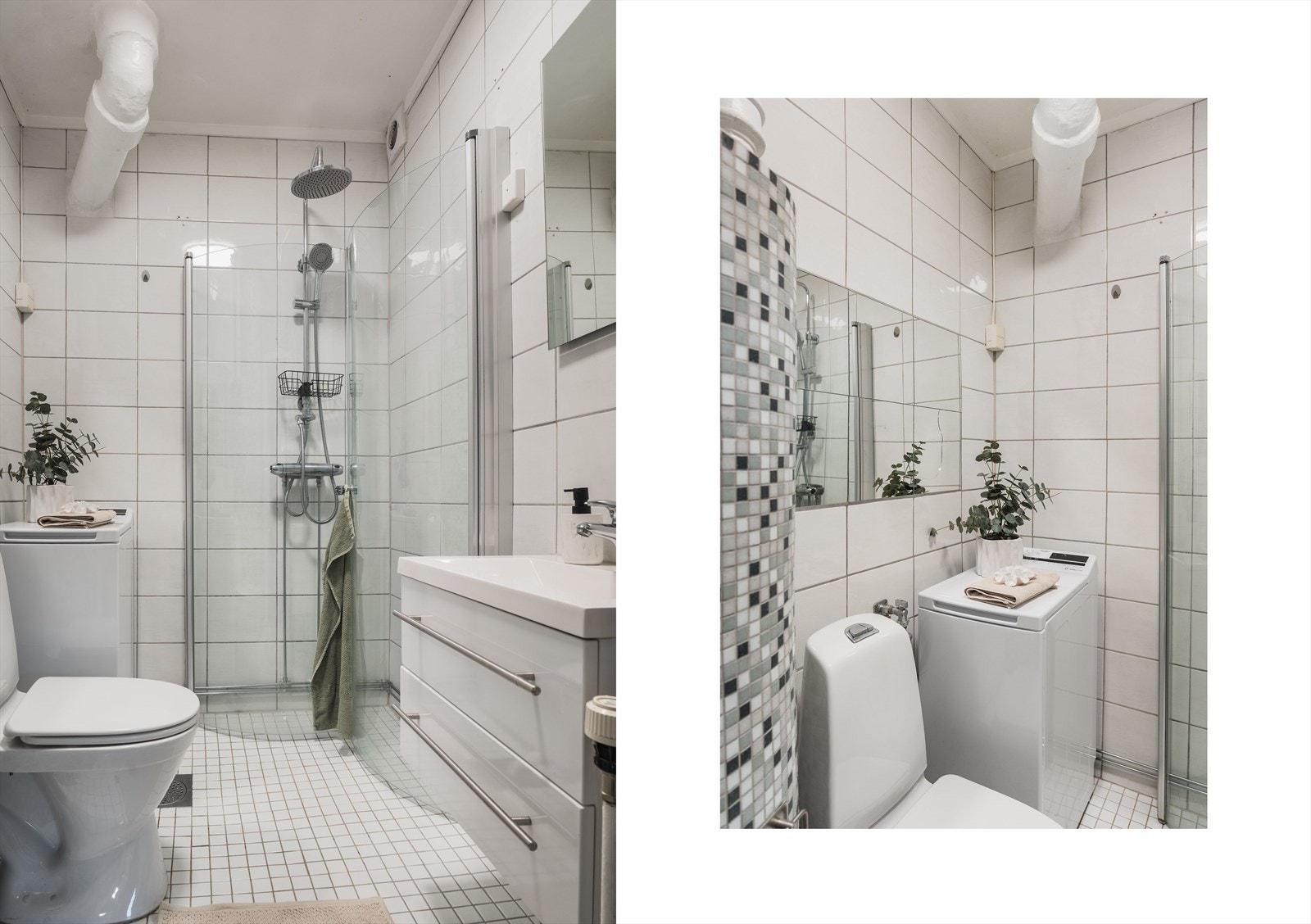 Flislagt bad utstyrt med opplegg for vaskemaskin, wc, servant og dusjhørnet. Bad fra 2007. Galleribilde