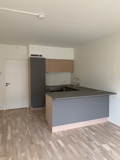 Kjøkken med hvitevarer. Hvitevarer: Induksjon platetopp, innbygd komfyr, kombiskap og oppvaskmaskin. Det er nå satt opp taklys. Galleribilde