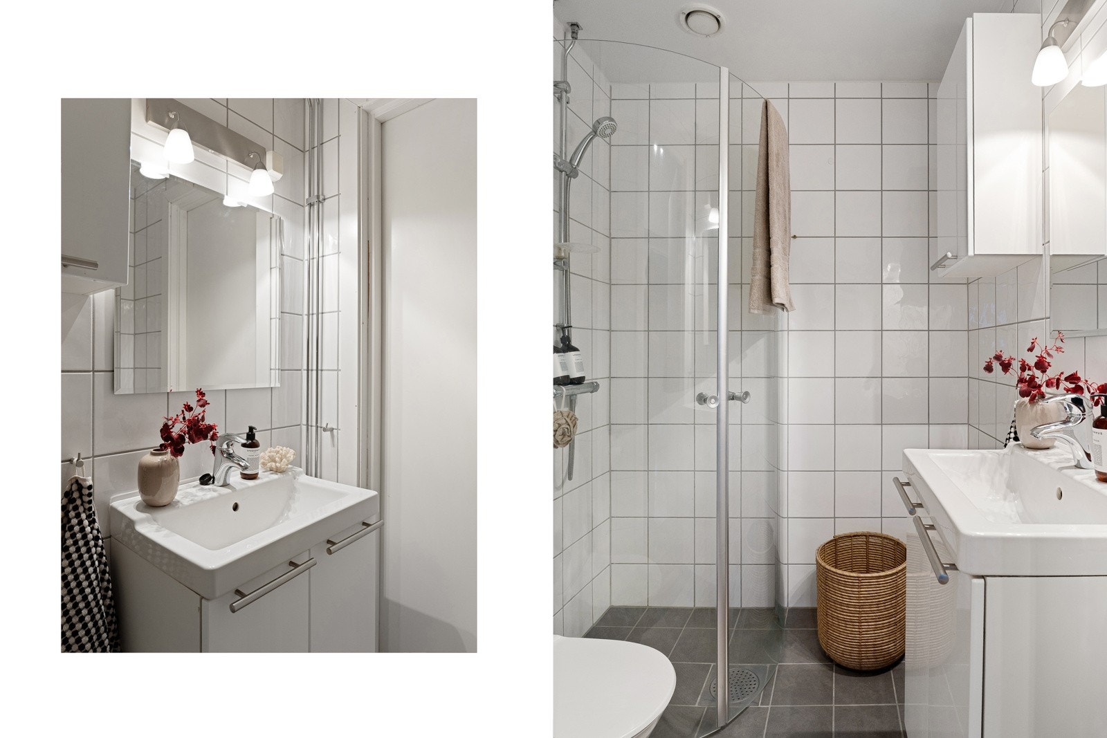 Vegghengt servantskap med heldekkende vask og ett-greps armatur i krom. Svingbare dusjvegger og termostatstyrt dusjbatteri i krom med hånddusj. Galleribilde