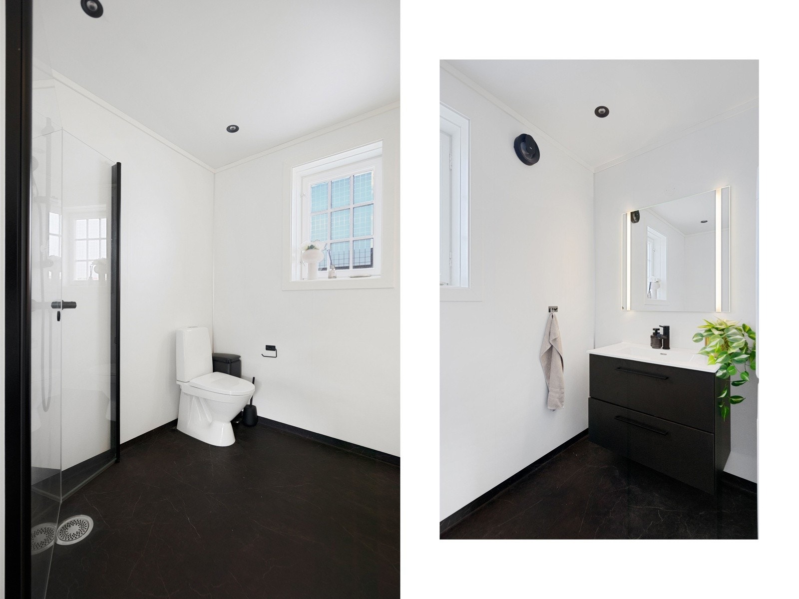 Hjørnedusj, frittstående toalett og servant. Foto: Hanna Linnea Kristensen.