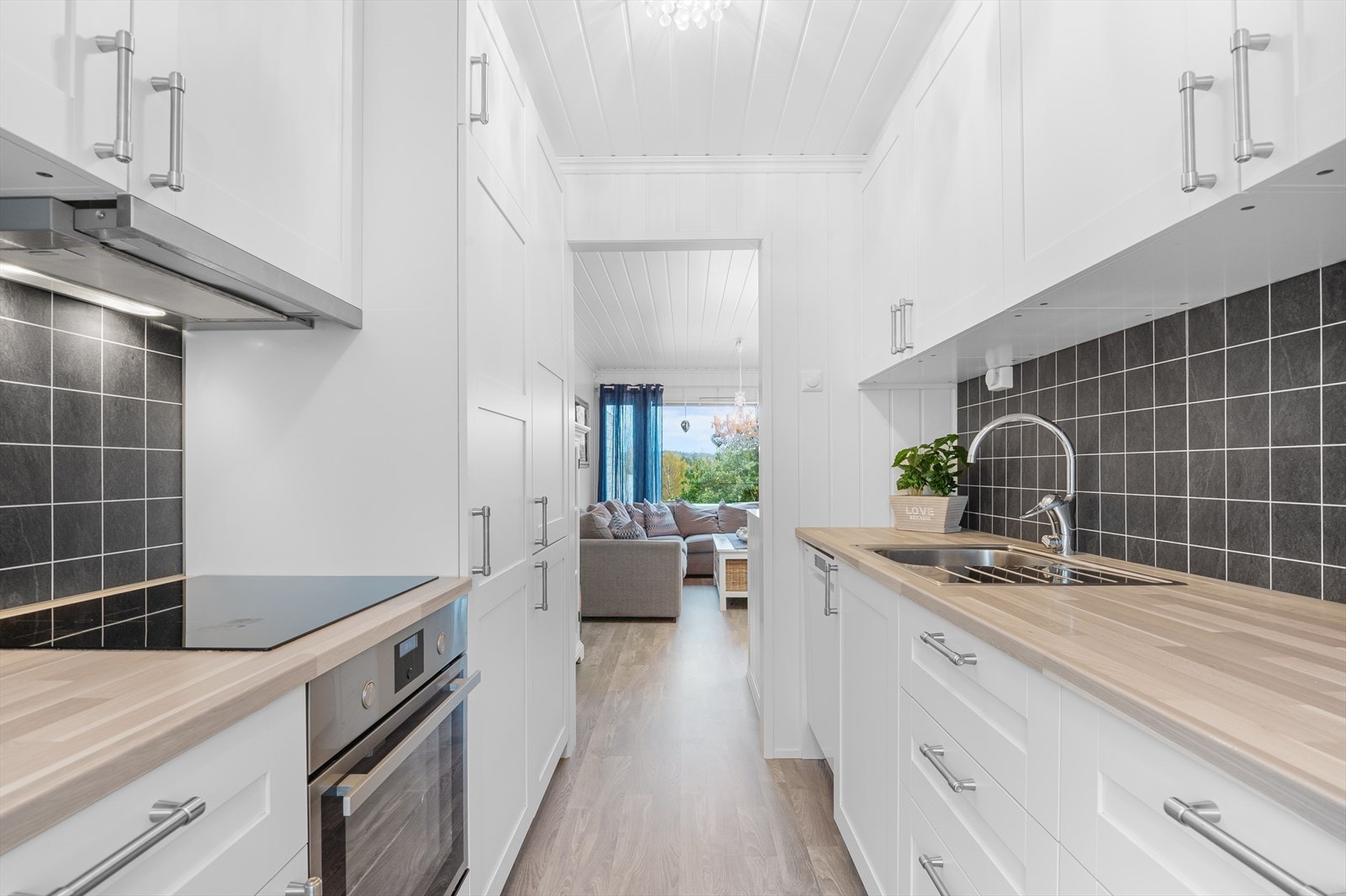 Kjøkkeninnredningen fra 2016 er praktisk plassert parallelt i rommet og har godt med skap-, skuff- og benkeplass. Galleribilde