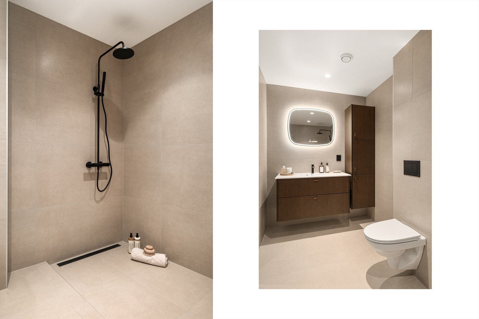 Helflist 60x60 Pro Design Ivory på gulv og vegg. Favn Nøtt, Kuma helstøpt benkeplate, lysspeil nature, soft-close toalett og alterna takdusj. Galleribilde