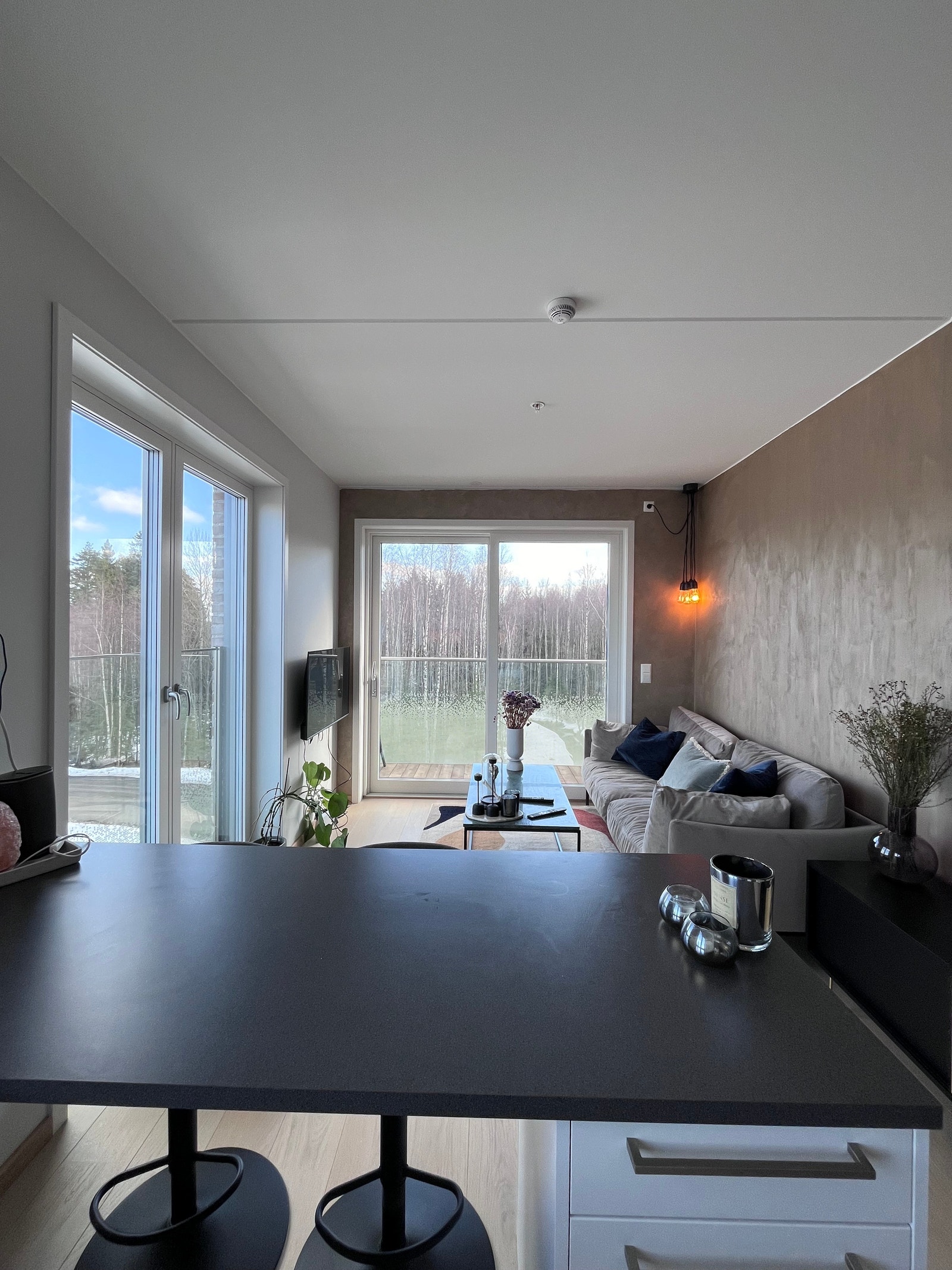 Lys og fin stue med utsikt inn til en liten skog. Galleribilde