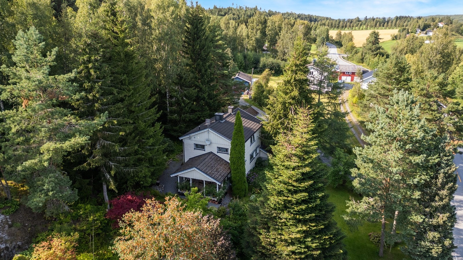 Eiendommen ligger med skog på oversiden av tomten, Rødenessjøen og gamle E-18 på nedsiden. Galleribilde