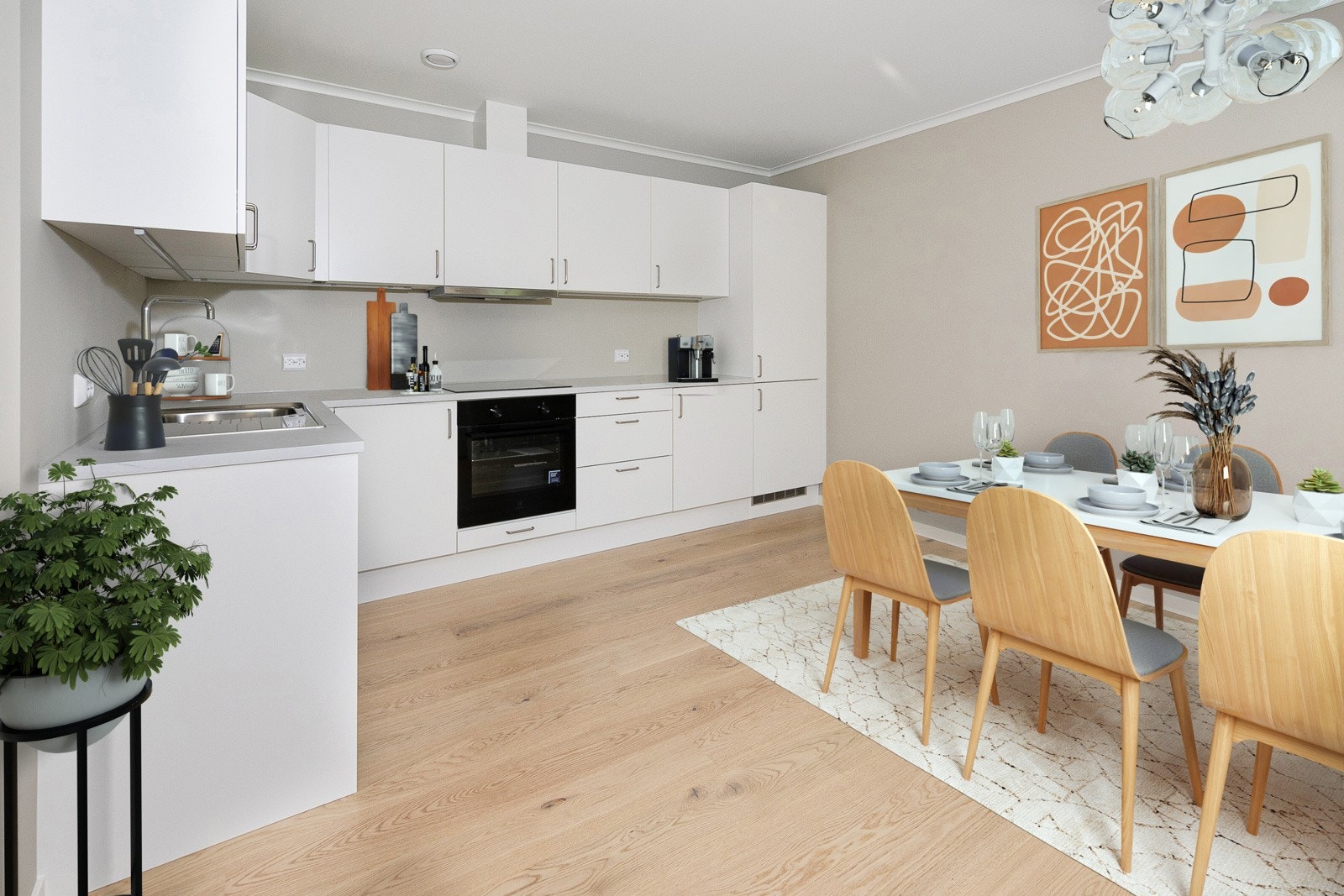 Med på kjøkken følger integrerte hvitevarer som oppvaskmaskin, stekeovn, platetopp og kjøl/fryseskap. (bilde er digitalt stylet). Galleribilde