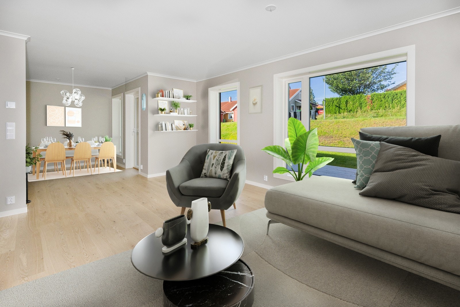 Moderne, lys og innbydende stue som går over i en spisestue. Fargene i rommet er nøytrale, med beige vegger, og lyse tregulv som gir et varmt preg. (bilde er digitalt stylet). Galleribilde