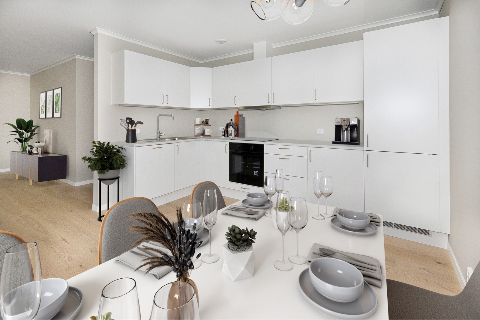 Leiligheten har et moderne kjøkken med en åpen løsning med tilknyttet spiseplass.(bildet er digitalt stylet). Galleribilde