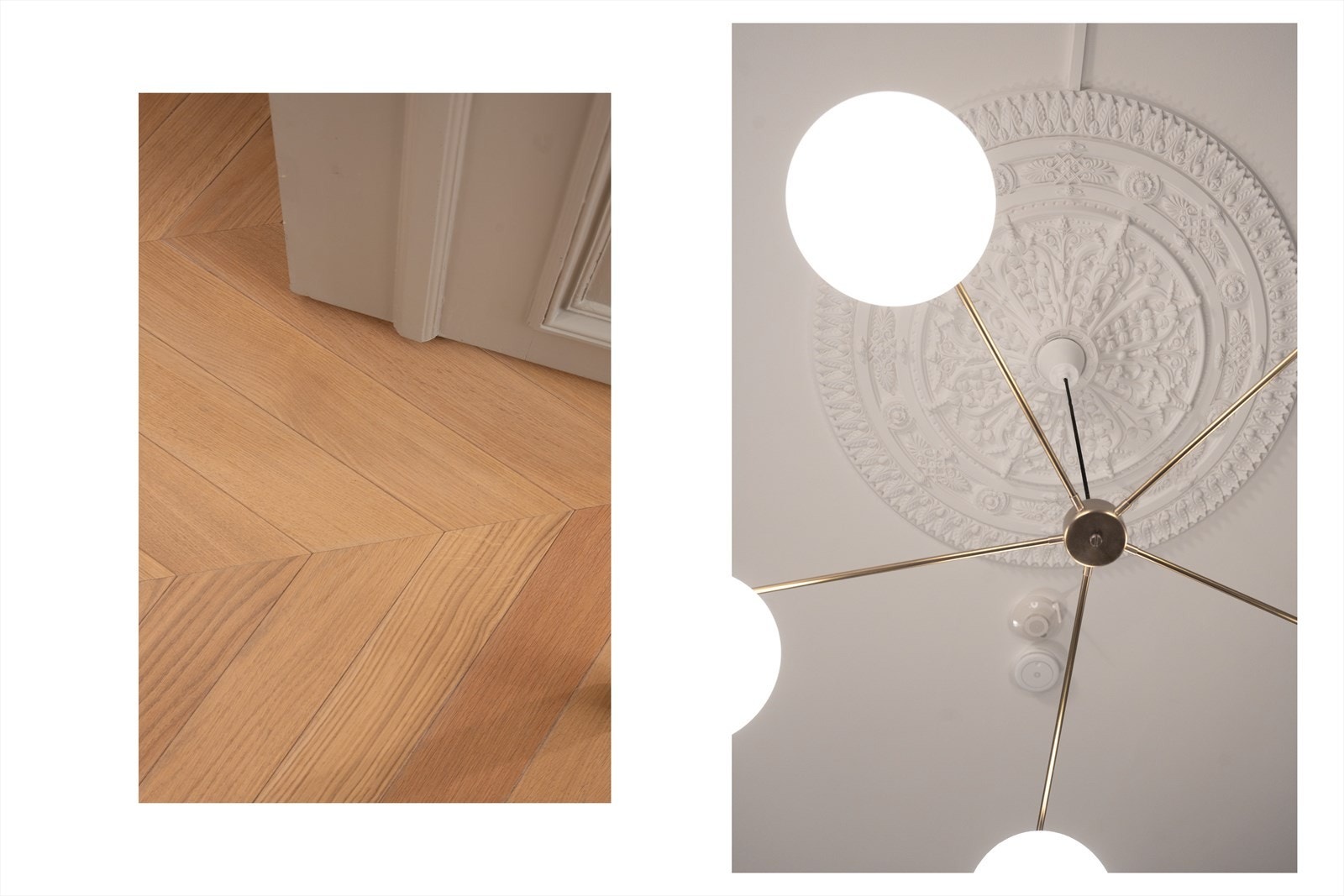 Limt heltre eik parkett i fiskebensmønster i kjøkken og stuer. Galleribilde