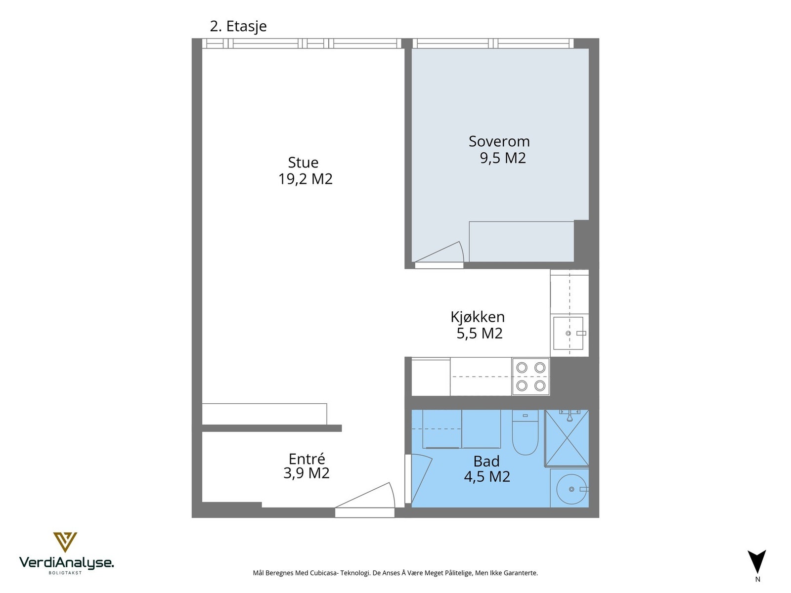 Planløsning. Det følger tre eksterne boder i underetasje. Galleribilde