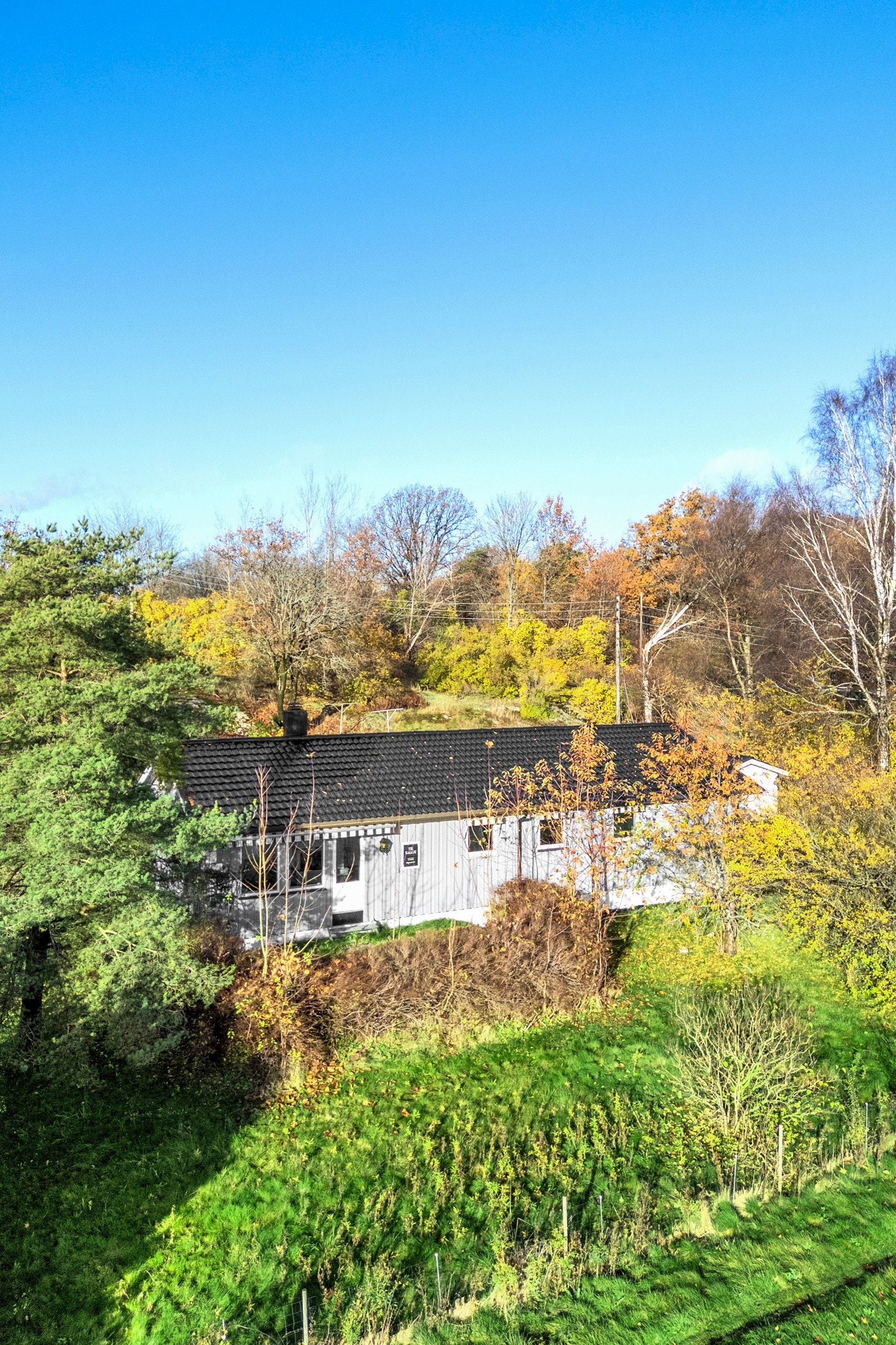 Dronefoto over tomten og boligen Galleribilde