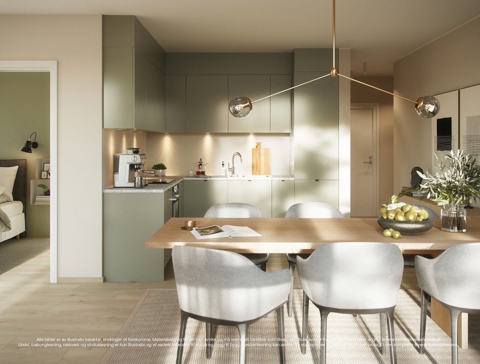 Leiligheten er på 59m². Gjennomgående pen standard med blant annet 1-stavs parkett, HTH kjøkken og oppholdsrom malt i lun gråbeige tone. Illustrasjon av annen leilighet, avvik vil forekomme Galleribilde