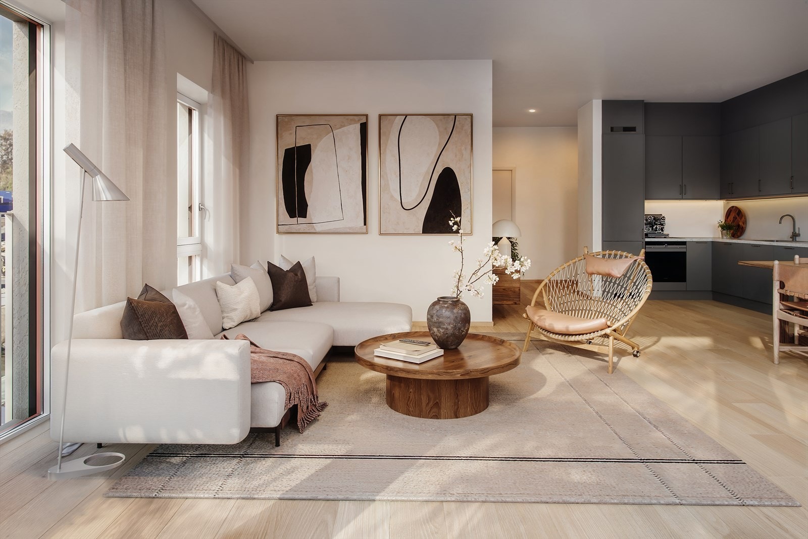 Kjøkkenet leveres av HTH i fargen beige. Det er integrerte hvitevarer fra Siemens og blandebatteri fra Tapwell. Illustrasjon av annen leilighet, avvik vil forekomme Galleribilde