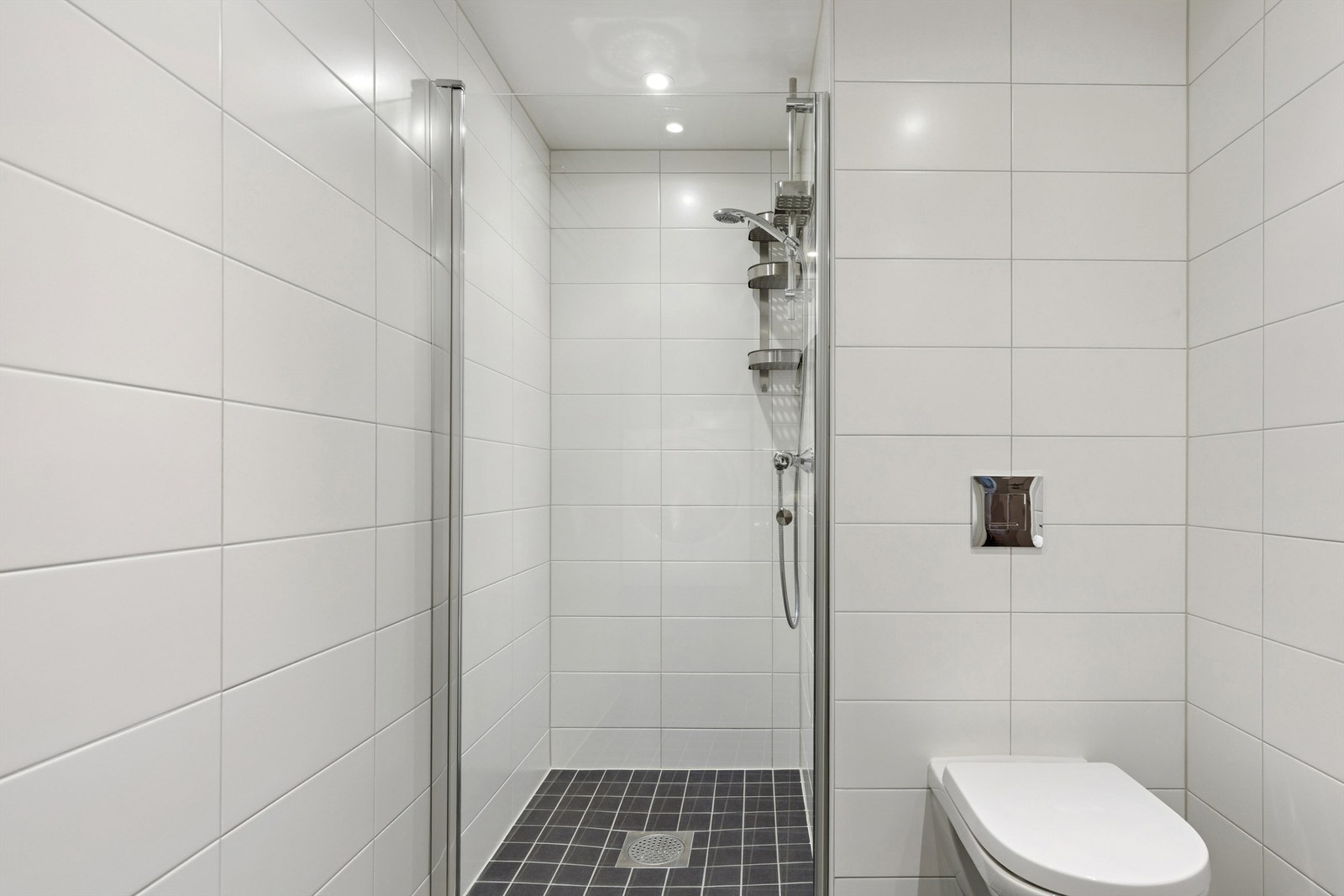 Her er det dusjhjørne med innfellbare dører og vegghengt toalett. Galleribilde