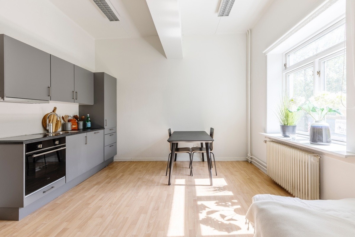 Flott oppusset 1-roms leilighet med gode lysforhold og et moderne kjøkken fra HTH som inneholder kjøleskap med fryseboks, komfyr, koketopp med induksjon og oppvaskmaskin. Galleribilde