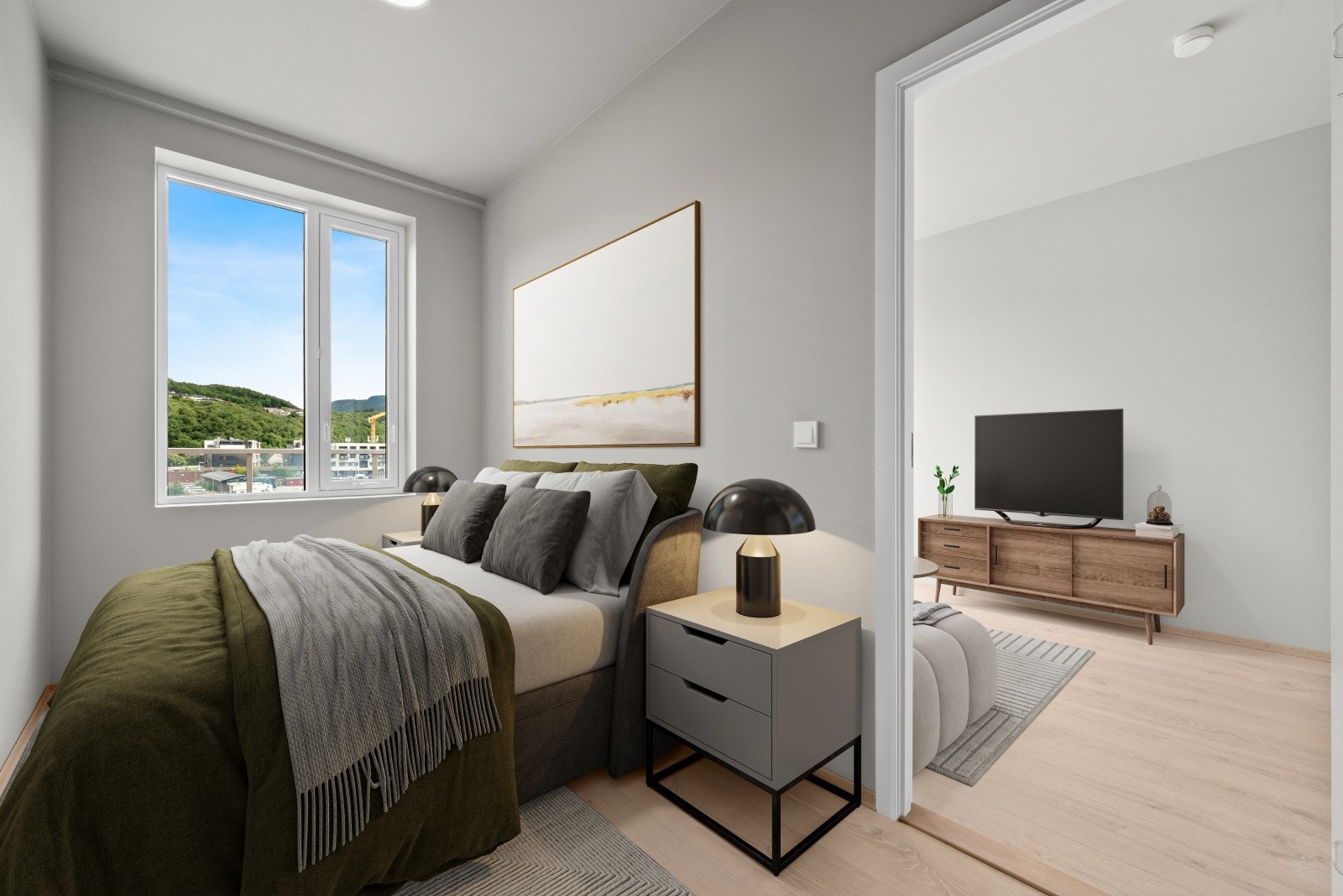 Leiligheten har et romslig soverom - Her ser du forslag med 3D-møblering Galleribilde