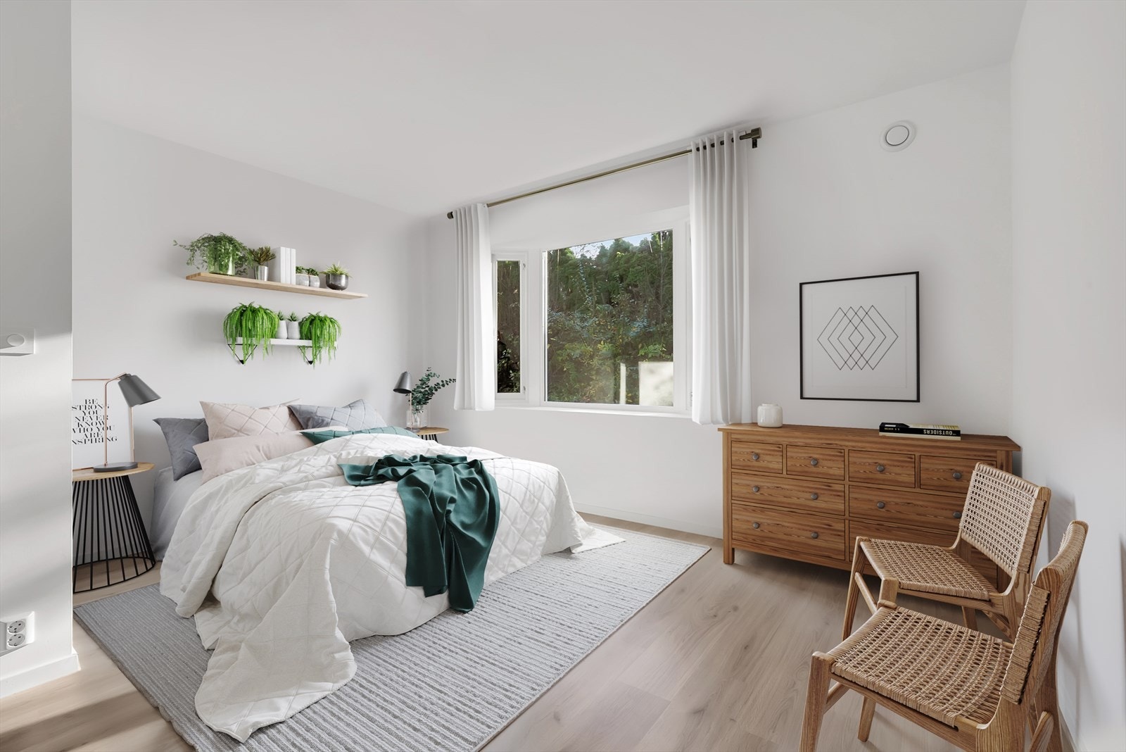 Soverom 1 med god plass for dobbeltseng, nattbord og garderobeløsning. (Digital møblering) Galleribilde