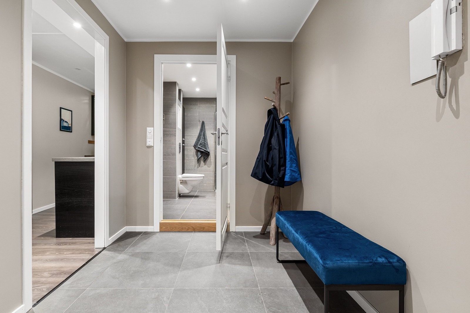 Entreen har downlights i himling, malte veggflater og fliser på gulv Galleribilde