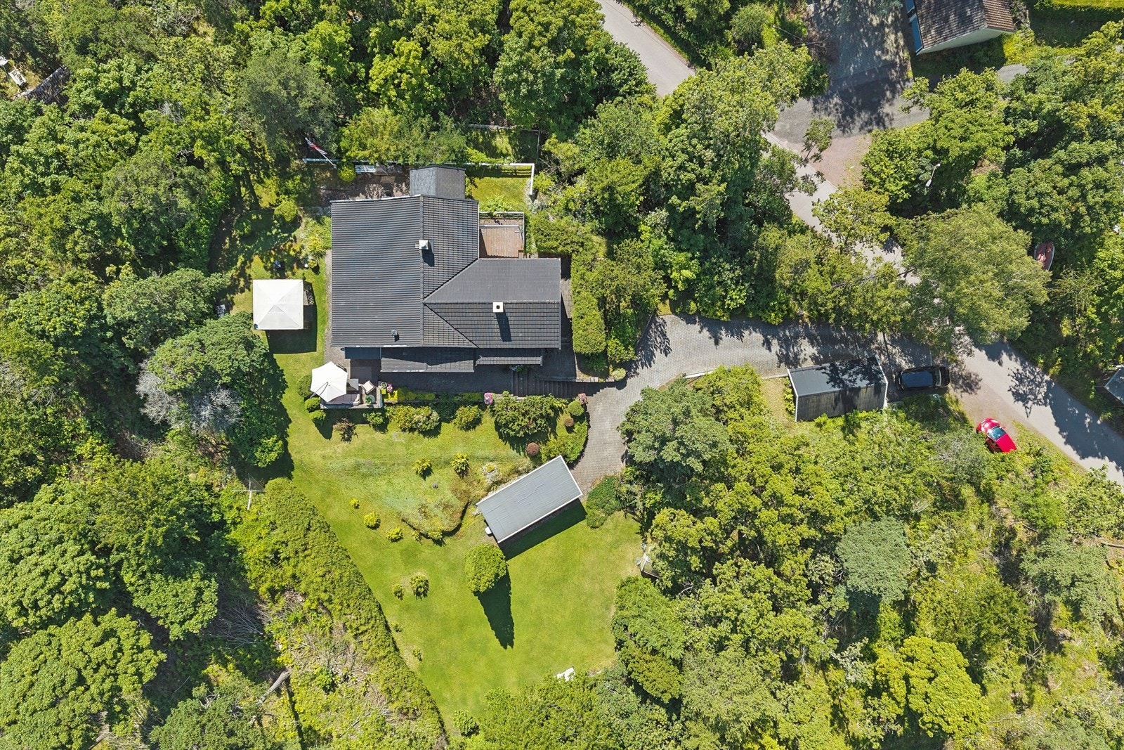 Eiendommen har en stor tomt med frodig vegetasjon. Galleribilde