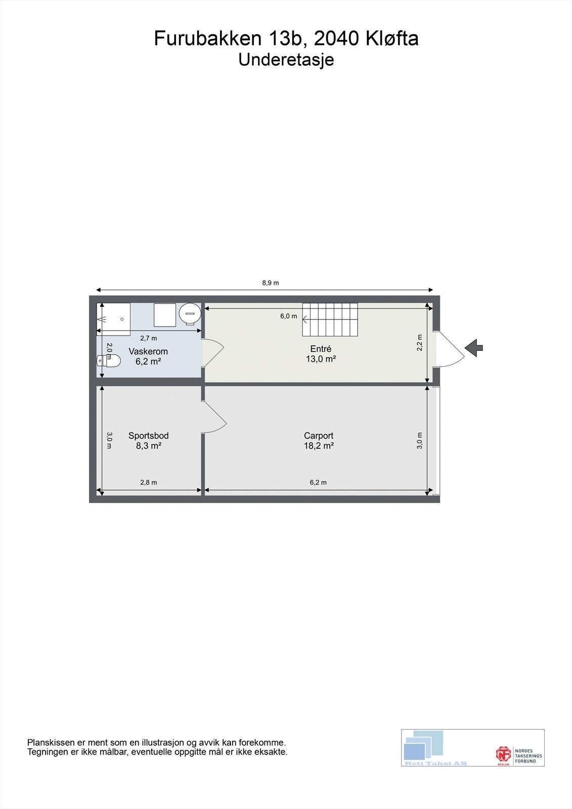 Plantegning for underetasjen, som inneholder entré, bad/vaskerom, sportsbod og carport. Galleribilde