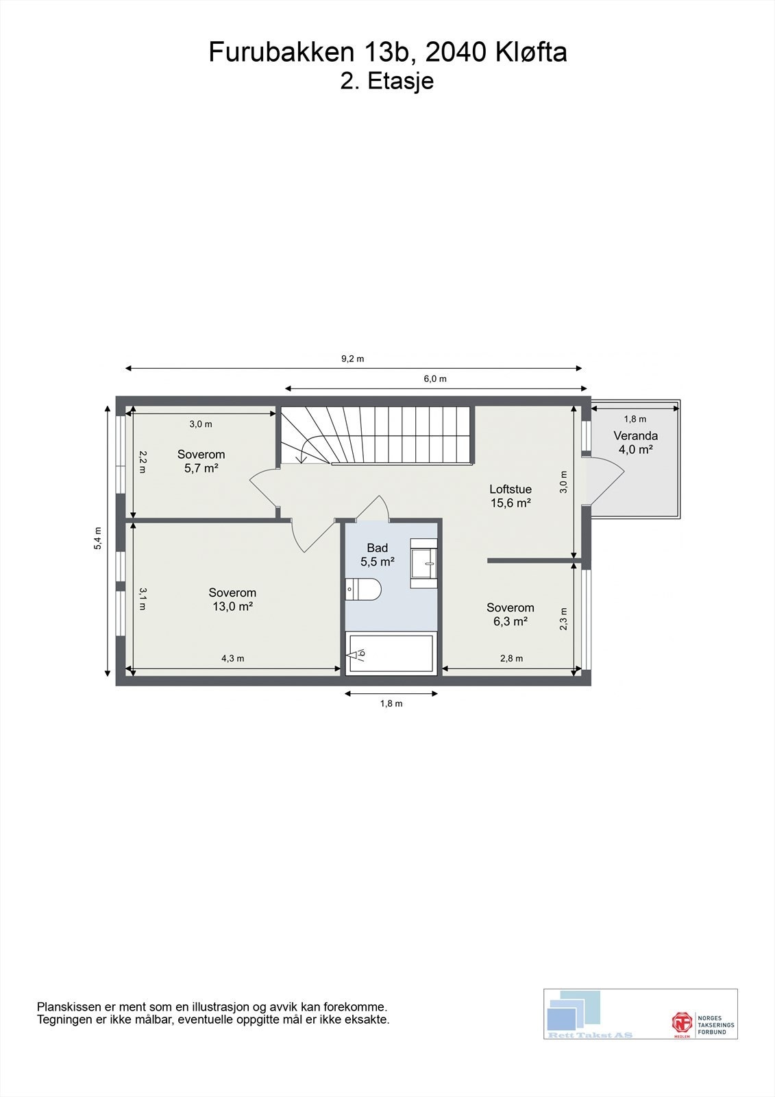 Plantegning for andre etasje, som inneholder tre soverom, bad og loftstue. Galleribilde