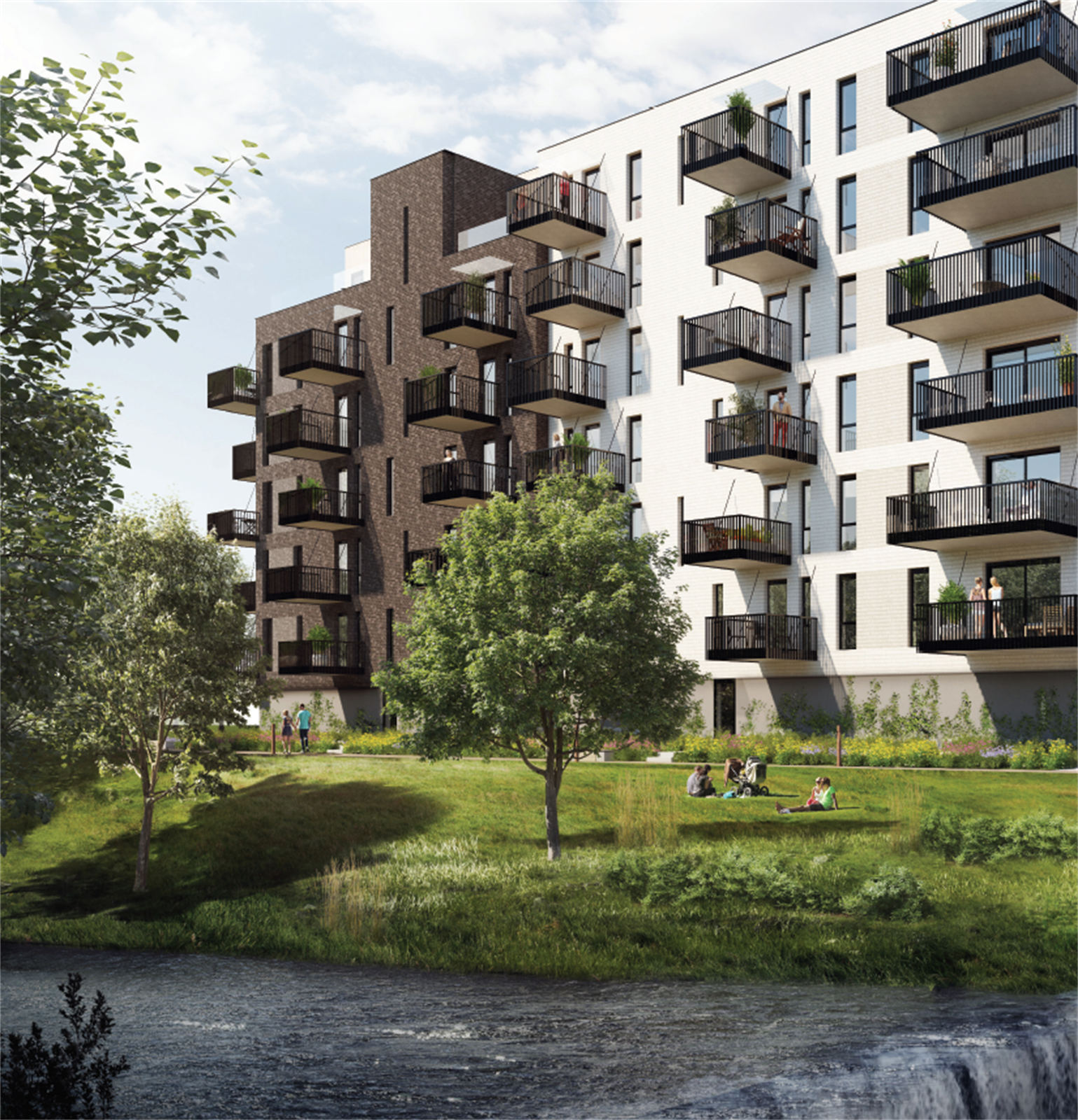 Illustrasjonsbilde av fasaden og nærområdet til leiligheten. Galleribilde