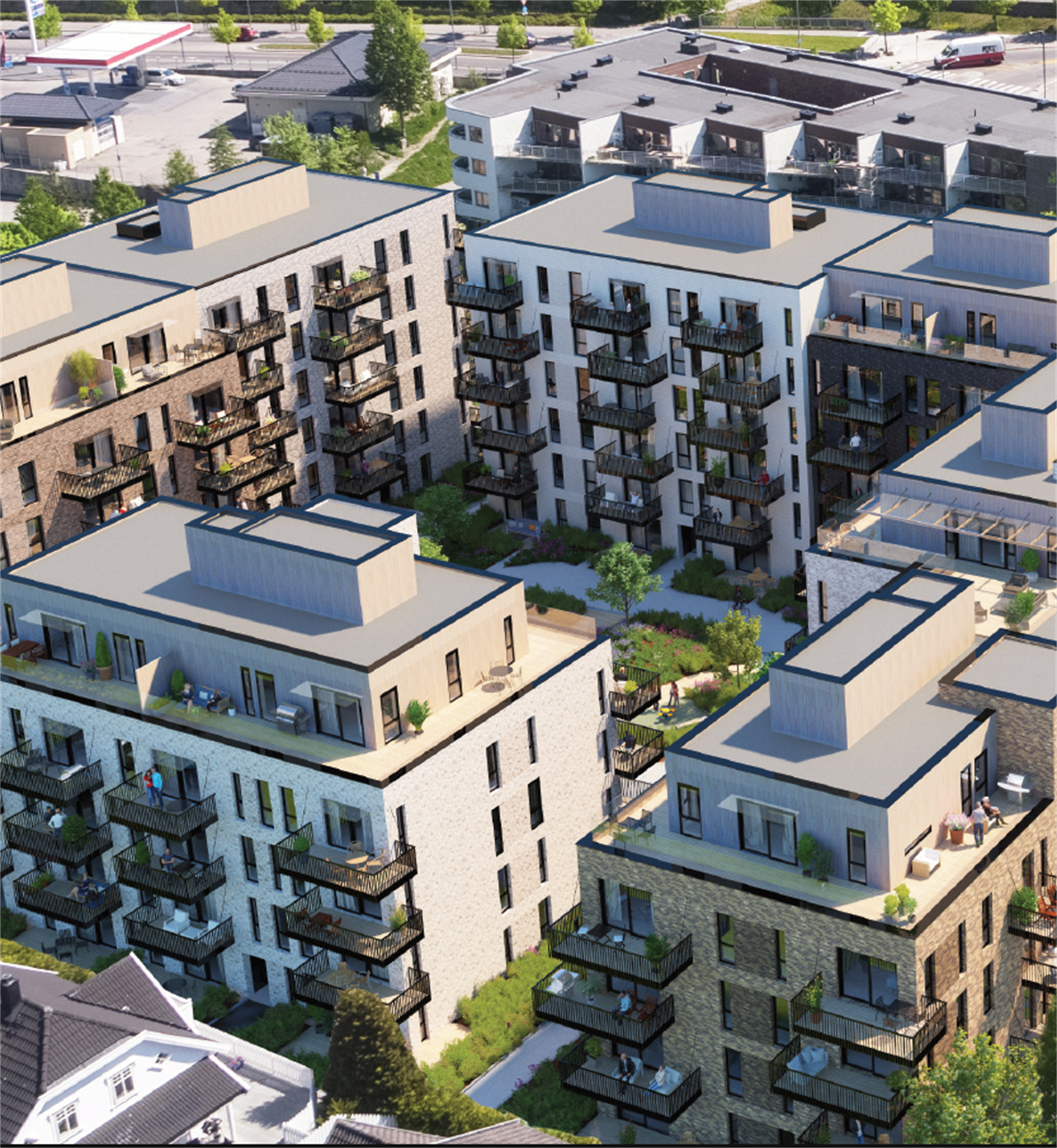 Illustrasjonsbilde av fasaden og nærområdet til leiligheten. Galleribilde