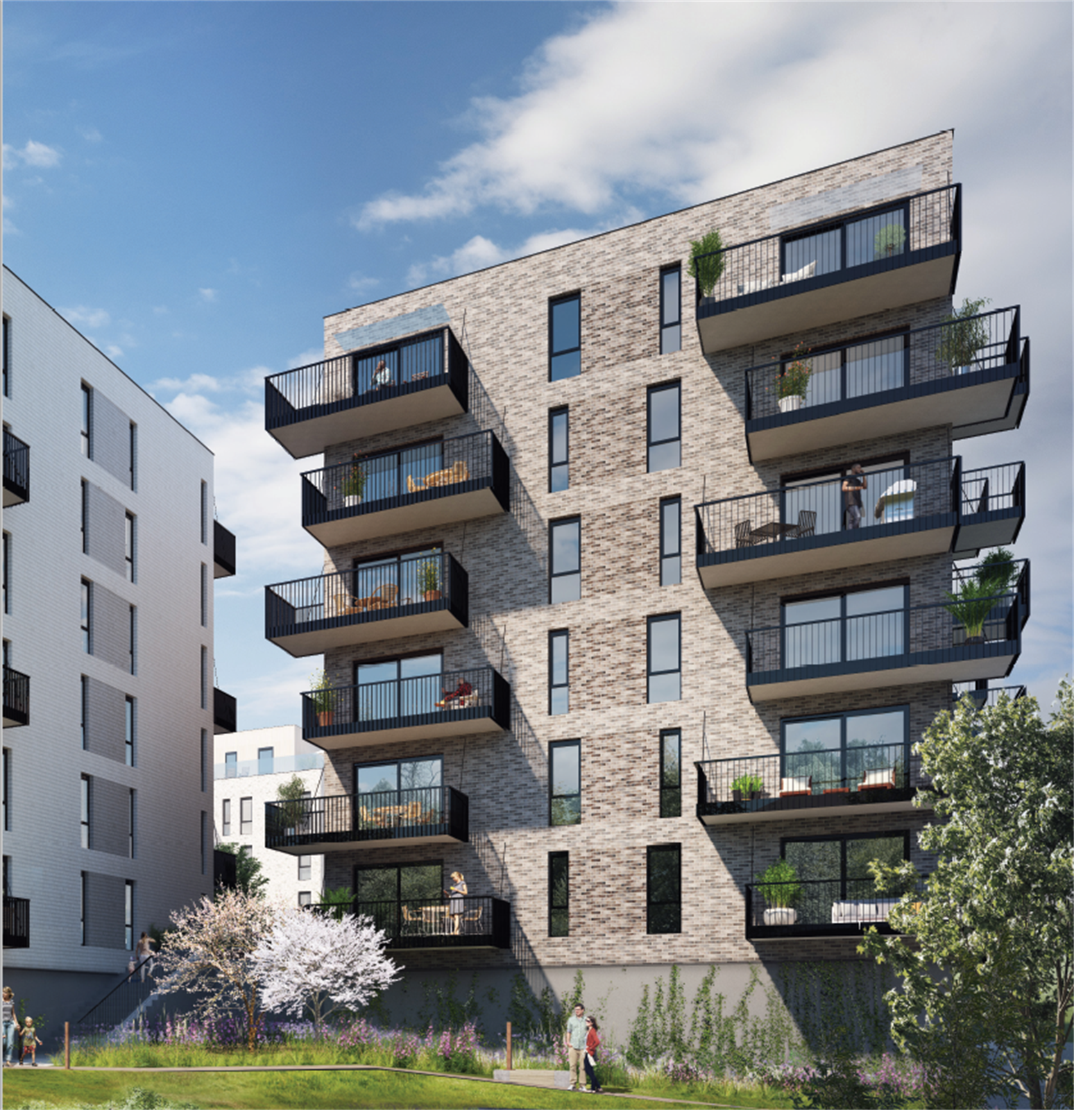 Illustrasjonsbilde av fasaden og nærområdet til leiligheten. Galleribilde