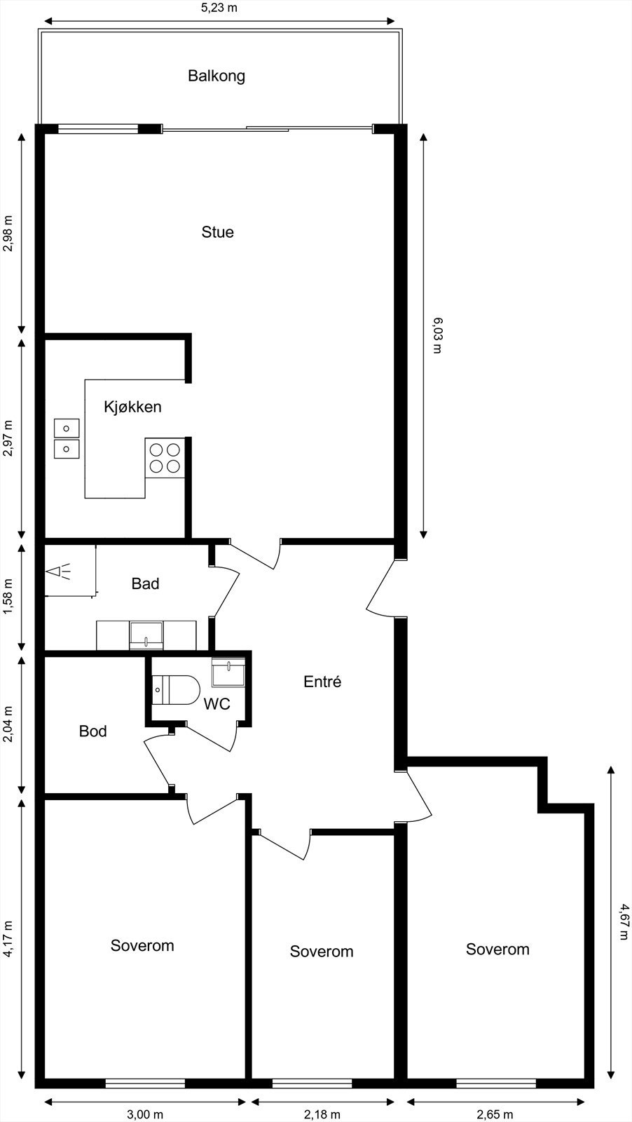 Plantegning. I tillegg disponerer leiligheten en kjellerbod. Galleribilde