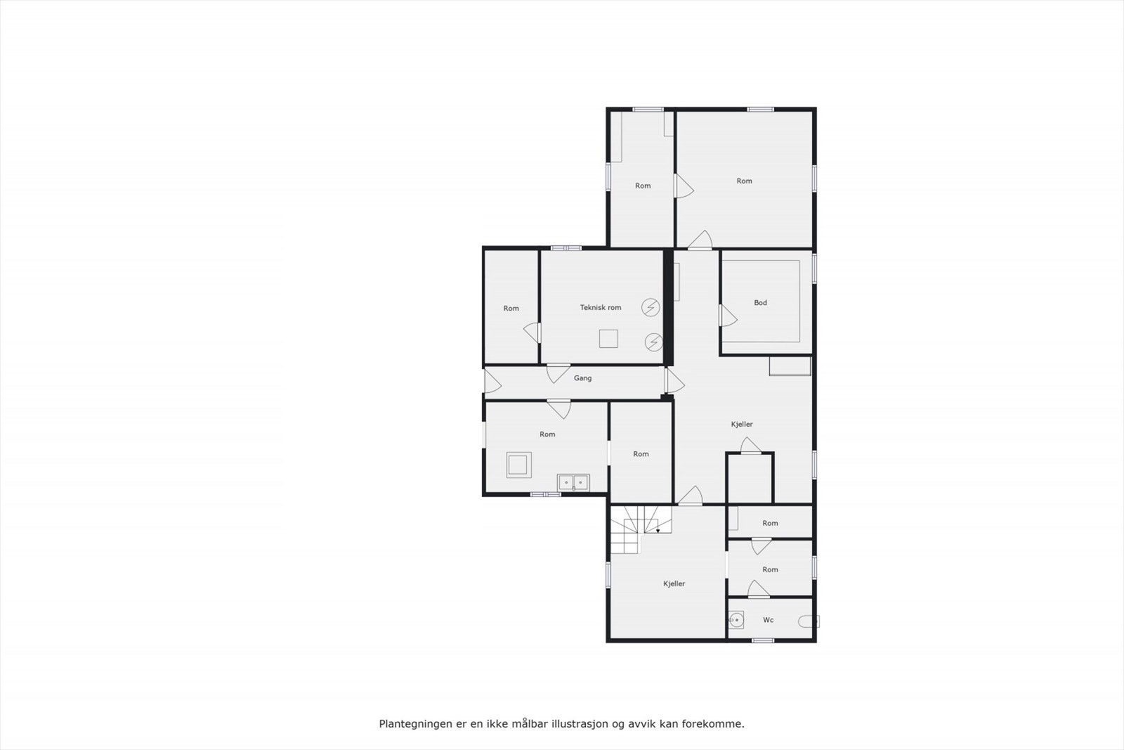 U.etasje - Plantegning. Området til venstre hvor man finner smal gang, 3 rom og teknisk rom deles mellom utleier og leietaker. Galleribilde